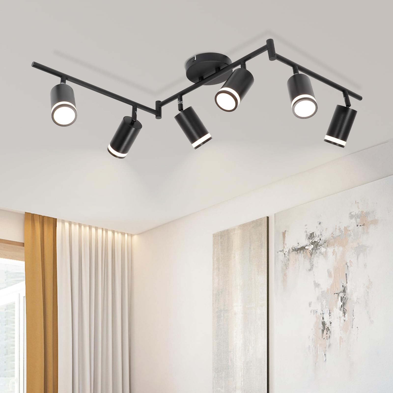 4-Light Track Lighting - Black 4 Way Ceiling Spot Lighting with Rotatable & Detachable GU10 Light Head - Flush Mount Modern LED Track Light Kit for Kitchen Cabinet Gallery Bar Office