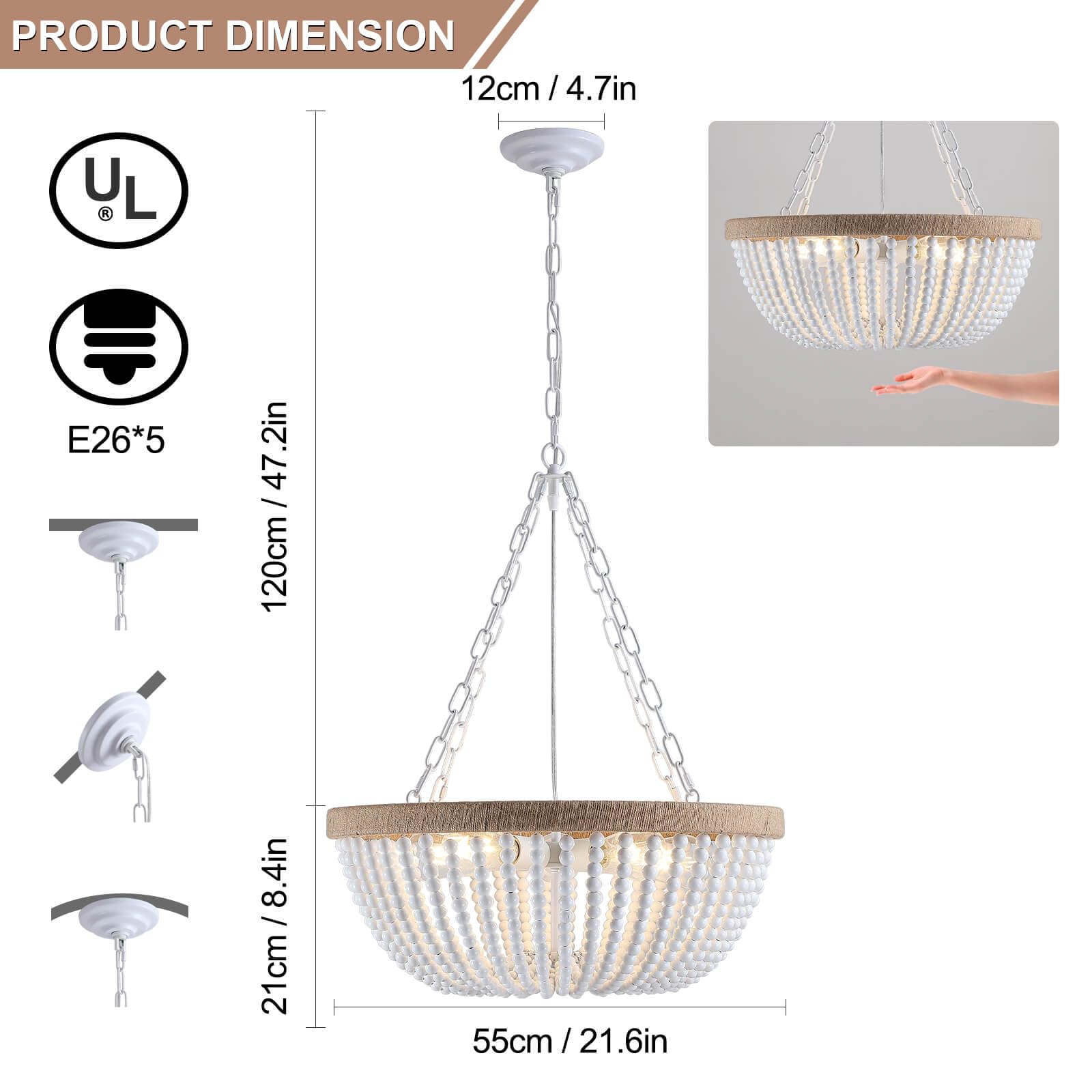 Wood Beaded Boho Chandelier Light Fixture, Semi Flush Mount Ceiling Light 3-Light Rustic Nursery Close to Ceiling Light for Bedroom Kitchen, Living Room, Oak White, E26 Base