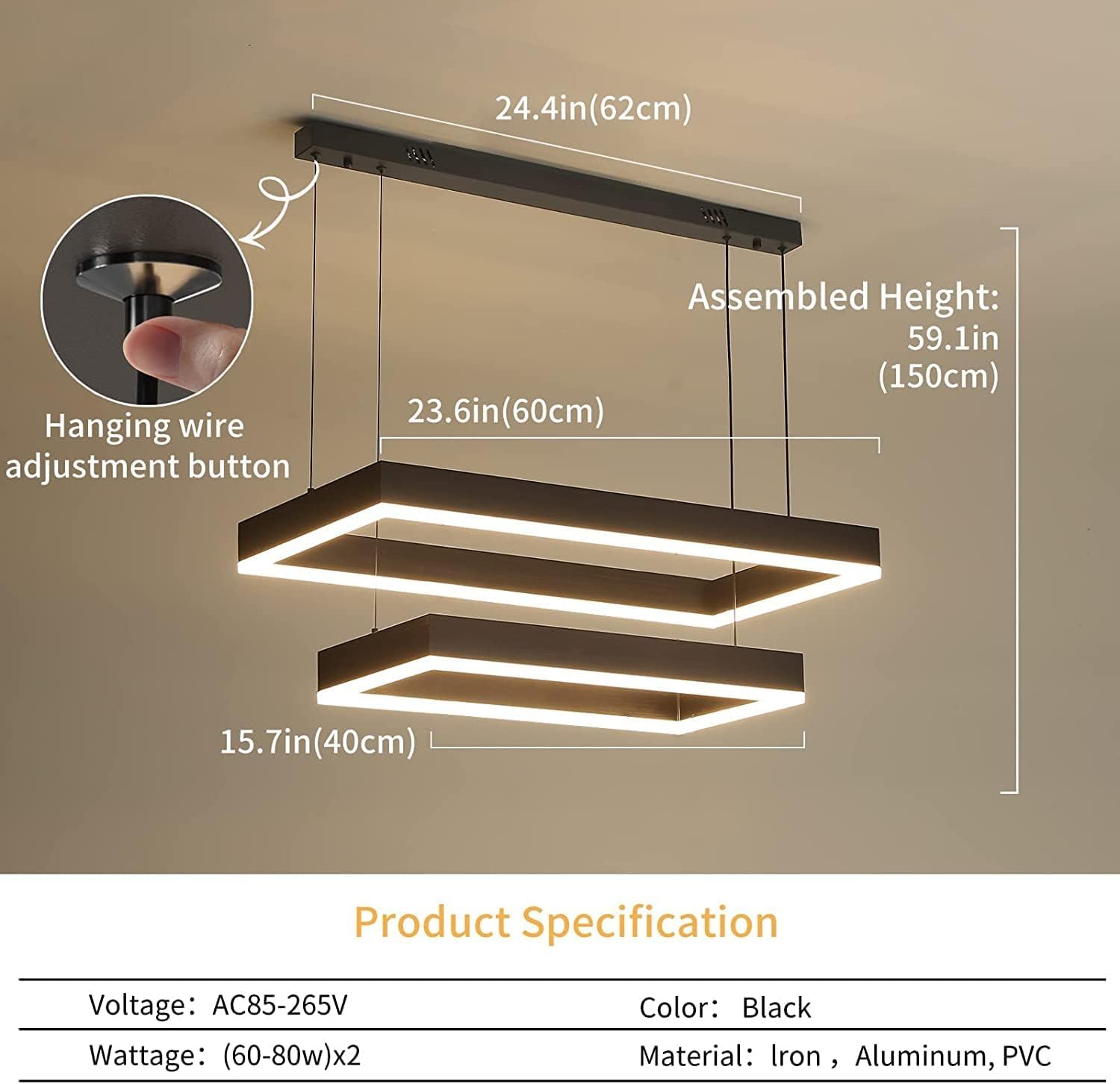 Modern LED Chandelier, Double Rectangles Ceiling Pendant Lights, LED Island Lights Dimmable Chandeliers for Dining Room Living Room Bedrooms, Black (40CM/60CM)