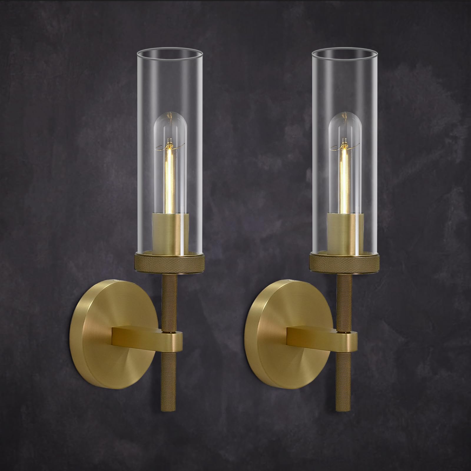 Brass Wall Sconces Set of Two, 19" Knurled Gold Sconces Wall Lighting, Tube Glass Bathroom Sconces Wall Lights for Bedroom Living Room Vanity Sconce Wall Lamp for Hallway, Staircase