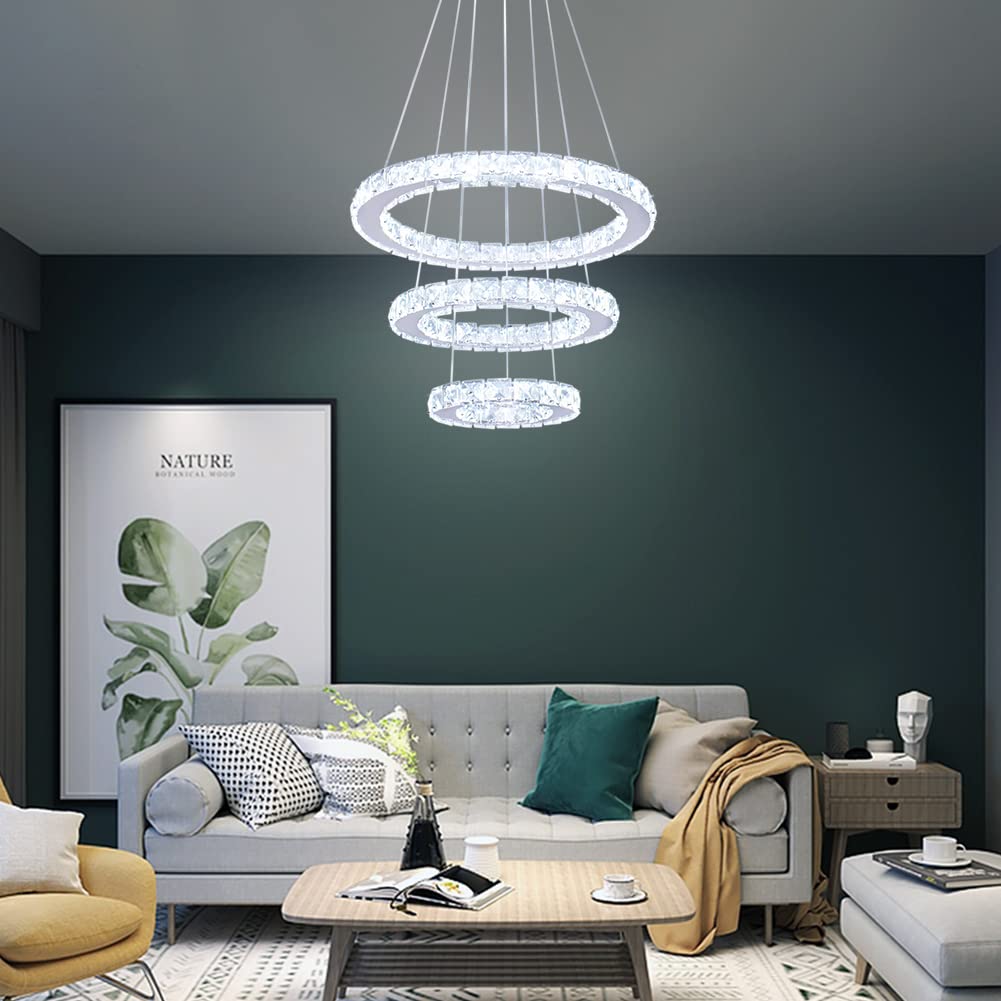 Modern LED Chandeliers Crystal Chandelier 3 Ring Round Pendant Lighting Adjustable Stainless Steel Ceiling Light Fixture for Living Room Dining Room Bedroom