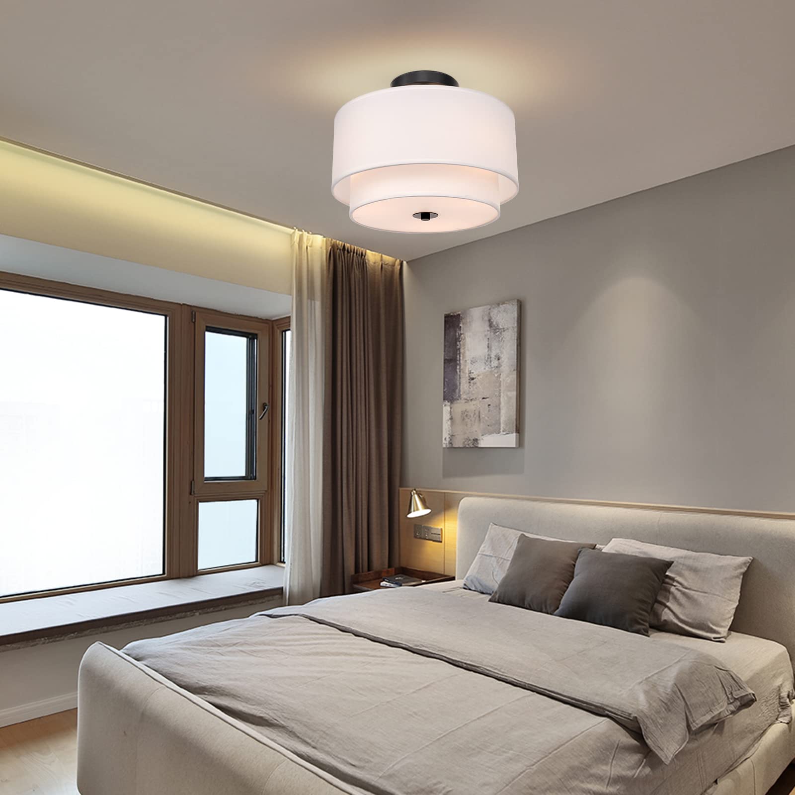 Modern Semi Flush Mount Ceiling Light - Easric Light Fixtures Ceiling Mount Hallway Light Fixtures Ceiling with Black 2-Layer Fabric Shade Drum Ceiling Lights for Bedroom,Dining Room,Kitchen,Foyer