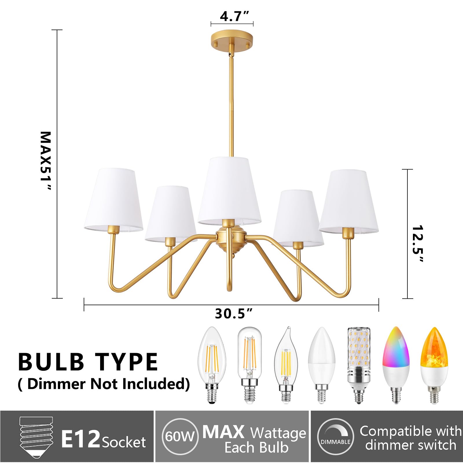 30.5" 5 Arms Gold Chandelier, 5 Lights Kitchen Island Lighting with White Fabric Shade,Dining Room Light Fixture for Hallway Entryway Foyer Living Room，E12.