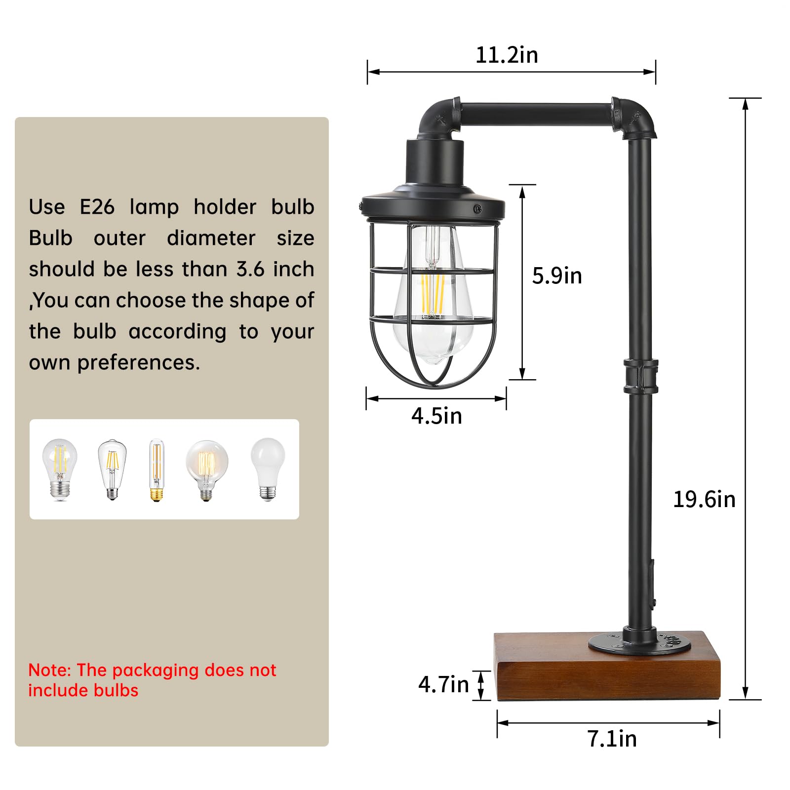 CONCA Industrial Steampunk Table Lamp, Edison Bulb, Metal, A-Black, 19.6x11.7x5.35 inches, 3 lbs, E26 Base, 800 Lumen, 120V