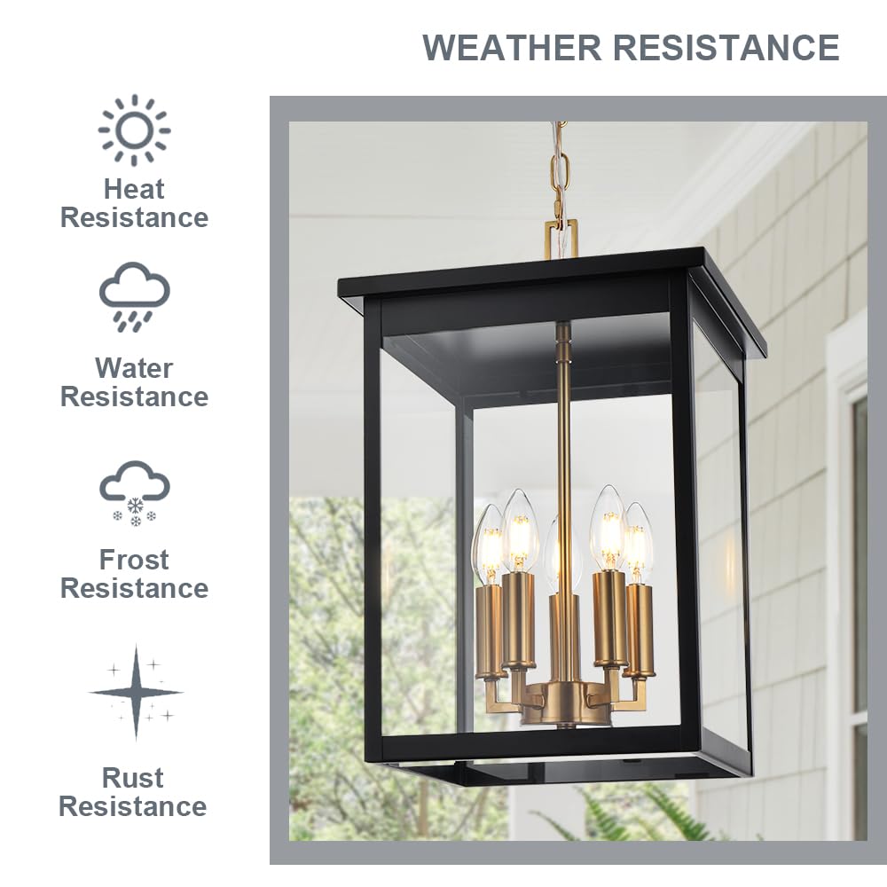 3-Lights Large Outdoor Pendant Lighting Clear Glass, Ceiling Porch Light Fxitures Adjustable Chain for Foyer Patio, Exterior Hanging Lantern Lamp, E12 Bulb Base, Black & Bruhed Brass