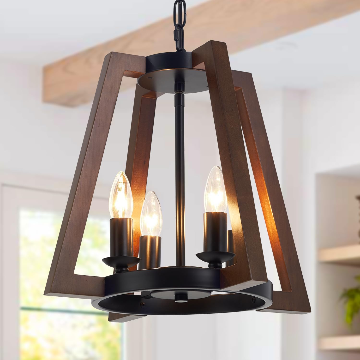 15.4" Rustic Wood Chandelier 4-Light Farmhouse Wooden Ceiling Pendant Light Fixture Vintage Chandeliers Modern for Dining Room Kitchen Island Foyer Hallway Entryway Bedroom