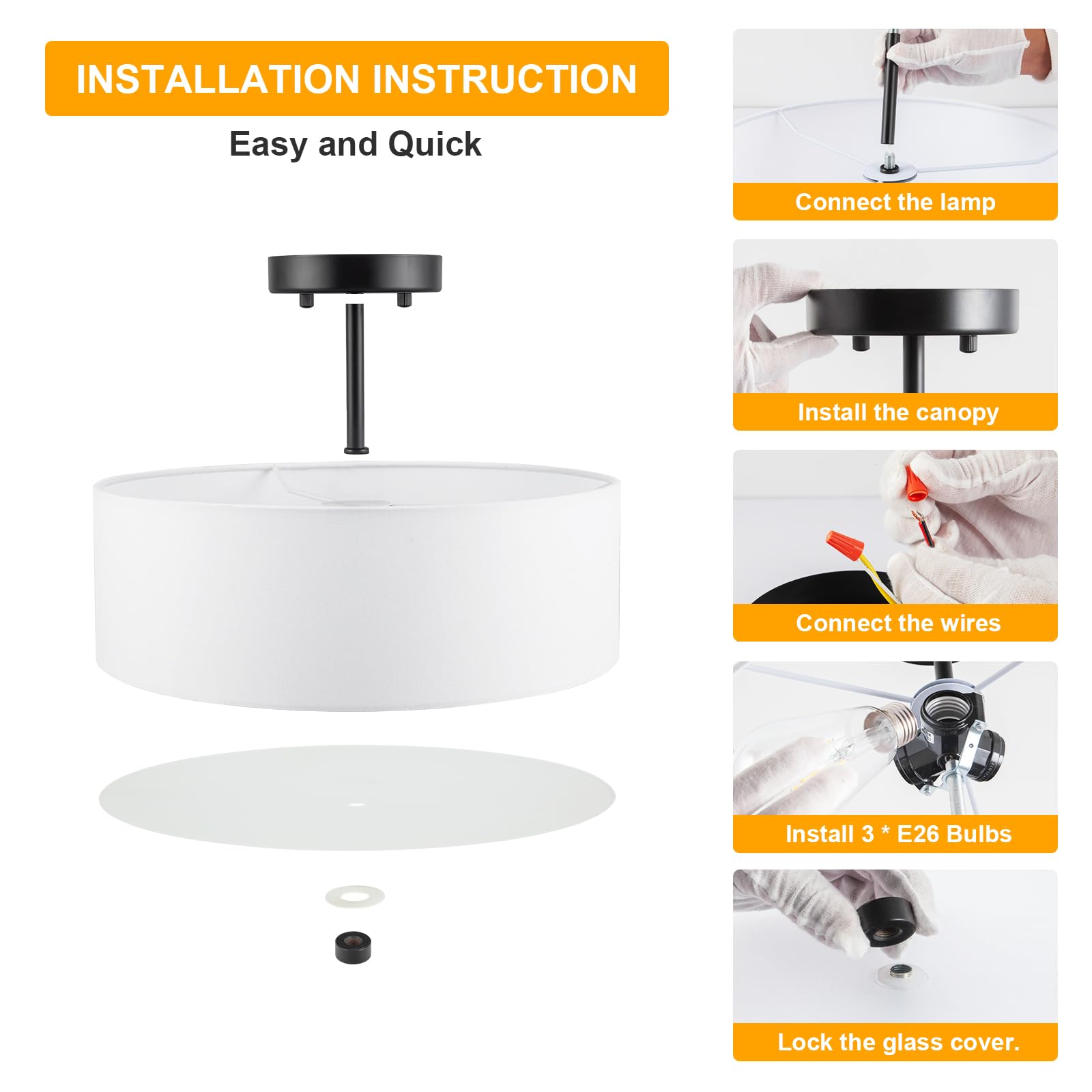 3-Light Semi Flush Mount Ceiling Light Fixture, 13" Black Drum Light, Modern Close to Ceiling Light with White Fabric Shade Lamps for Bedroom Living Dining Room Kitchen Hallway Entryway