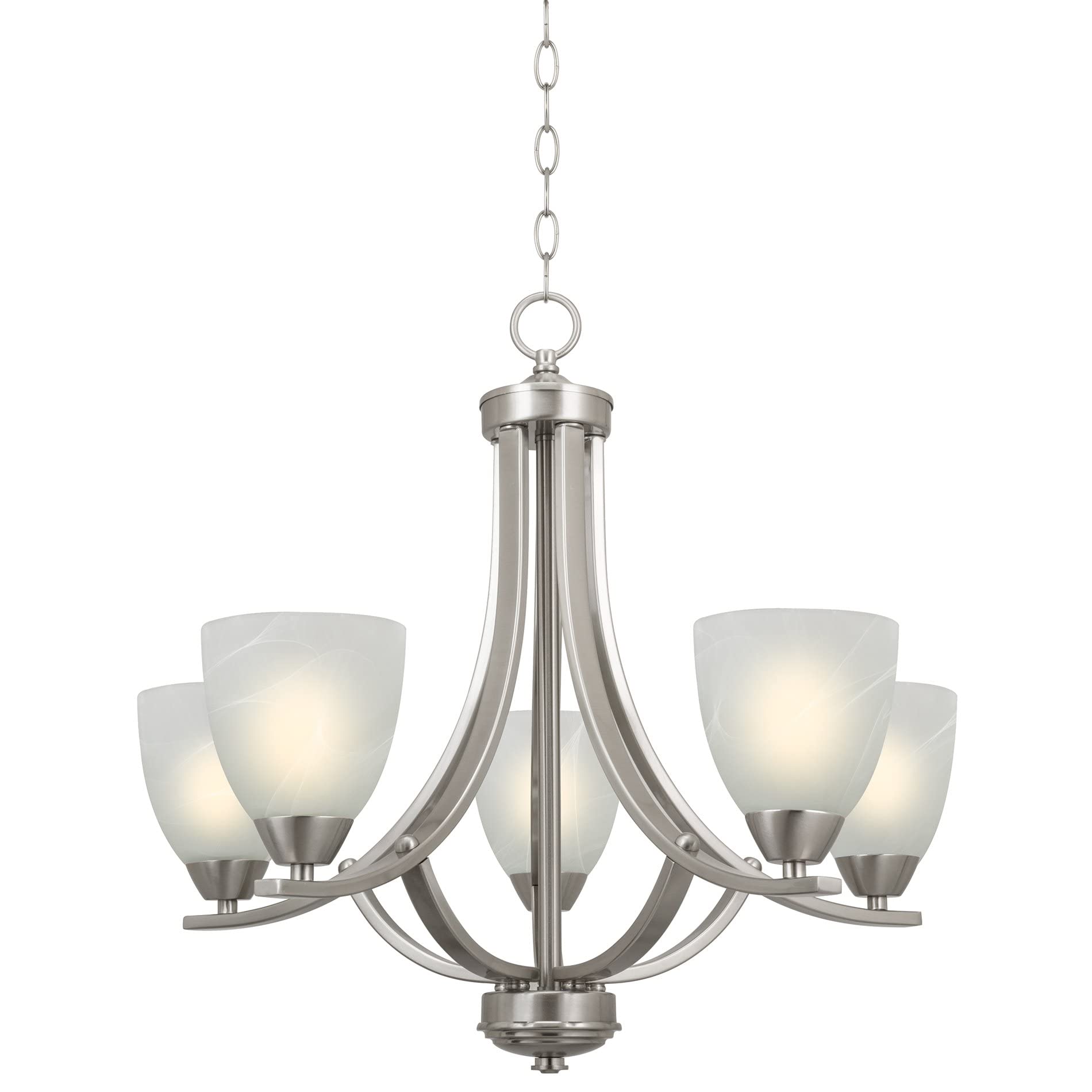 24" Contemporary 5-Light Large Chandelier + Alabaster Glass Shades, Adjustable Chain, Brushed Nickel Finish