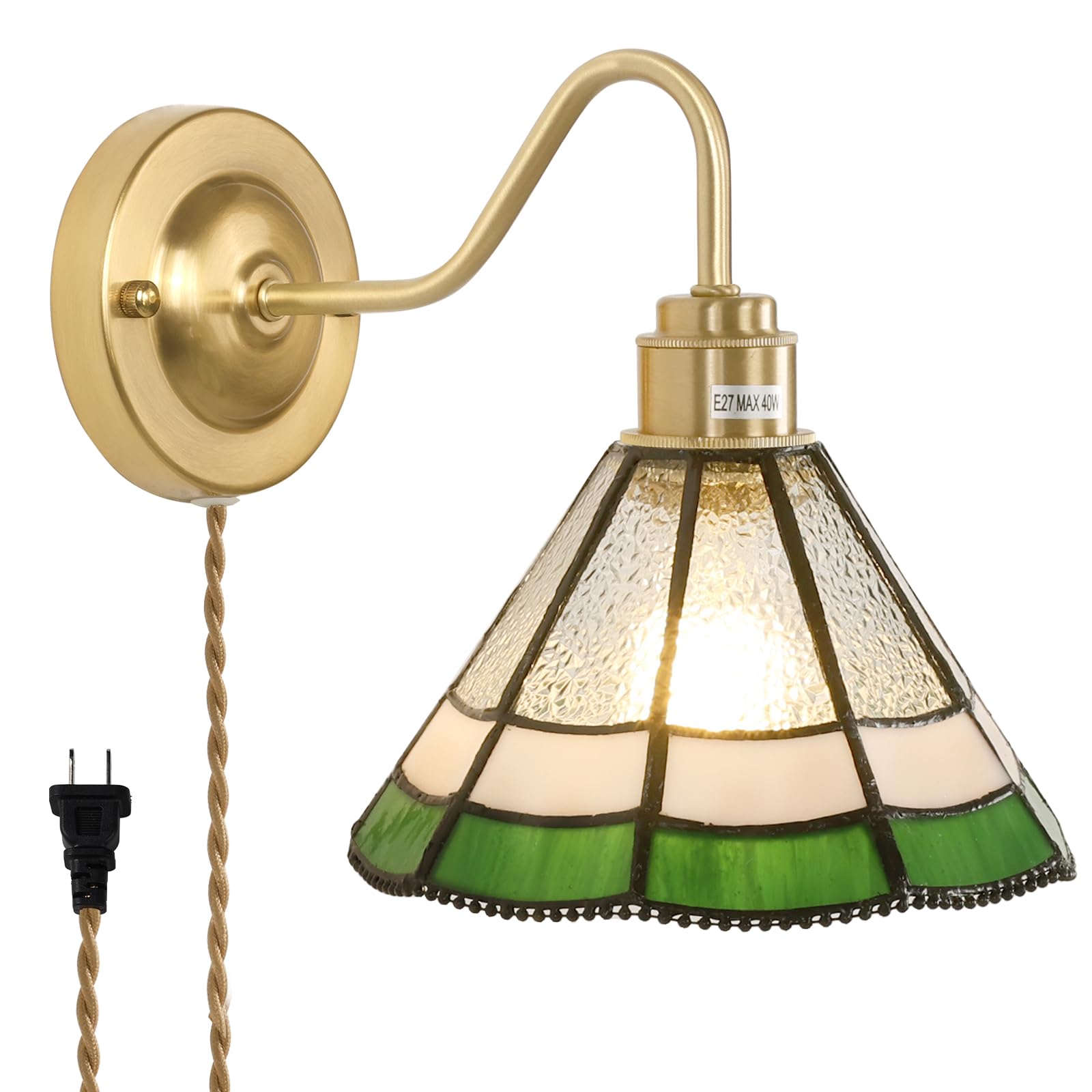 Wall Sconce, Wall Mounted Lamps with Green Checker Sconce, Stained Glass Shade Brass Wall Lights Fixture with Plug in Cord and Switch for Bedroom Bathroom Living Room Hallway