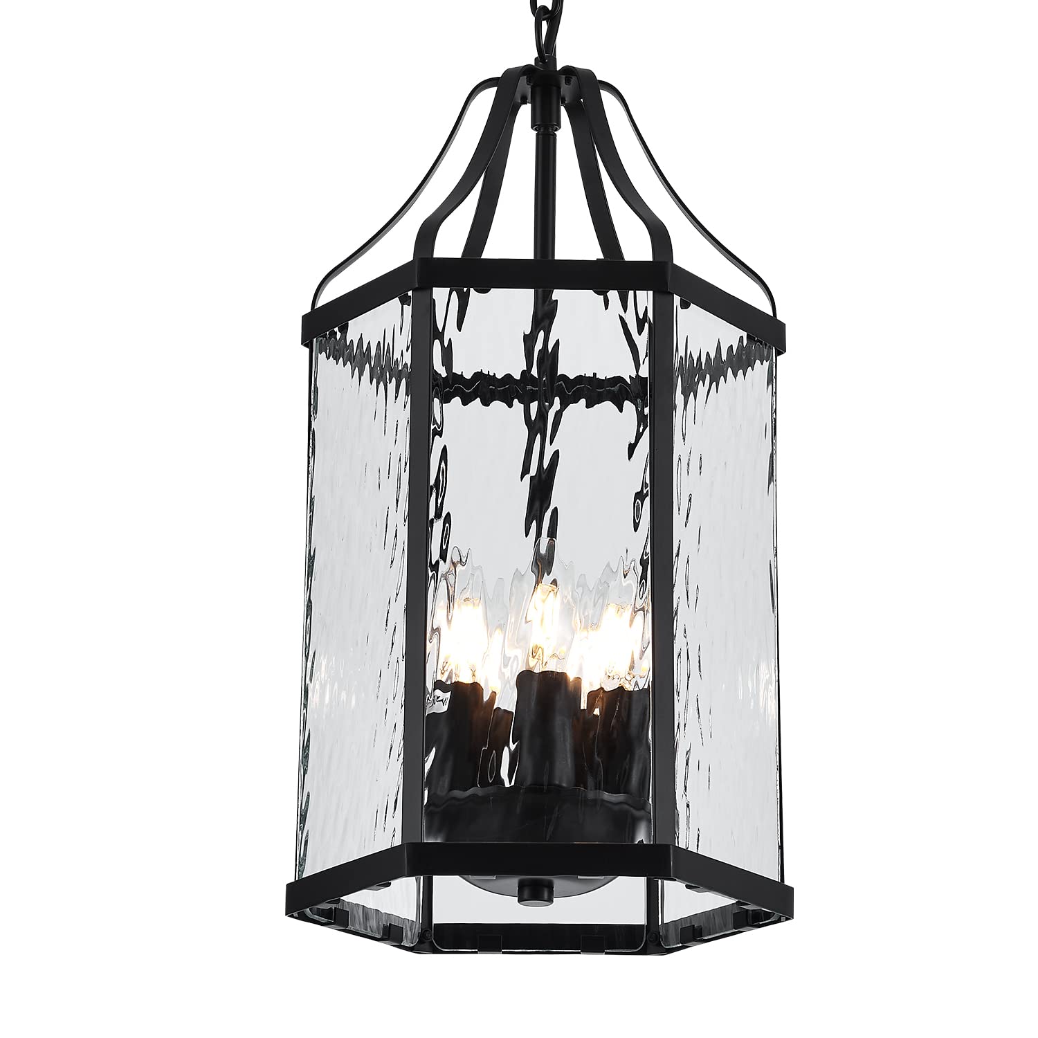 8" Modern 3-Light Exterior Black Lantern Pendant Light Fixture with Clear Rippled Glass Mini Industrial Hanging Cage Chandelier for Outdoor Kitchen Dining Room Hallway Entryway Foyer Porch