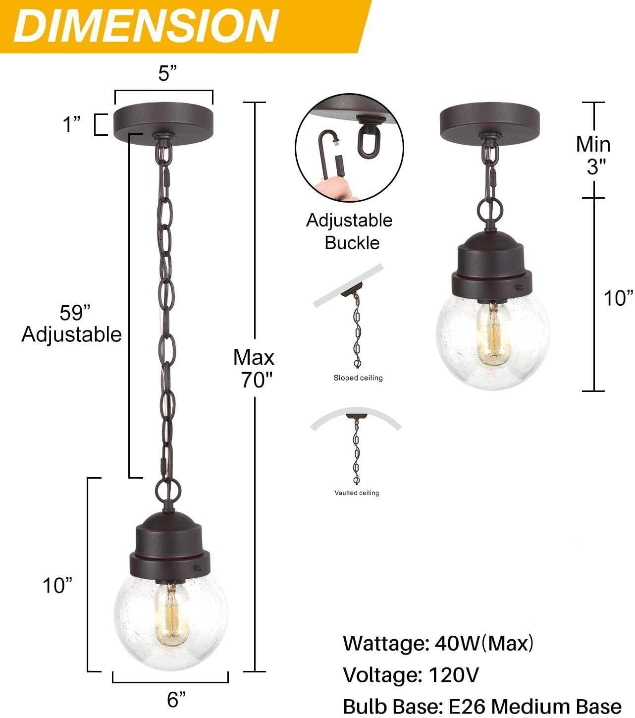 Outdoor Pendant Light Fixture, Farmhouse Exterior Globe Anti-Rust Hanging Lights with Adjustable Chain, Bronze Ceiling Outdoor Lantern Light with Seeded Glass for Front Door, Entry, Porch, and Gazebo