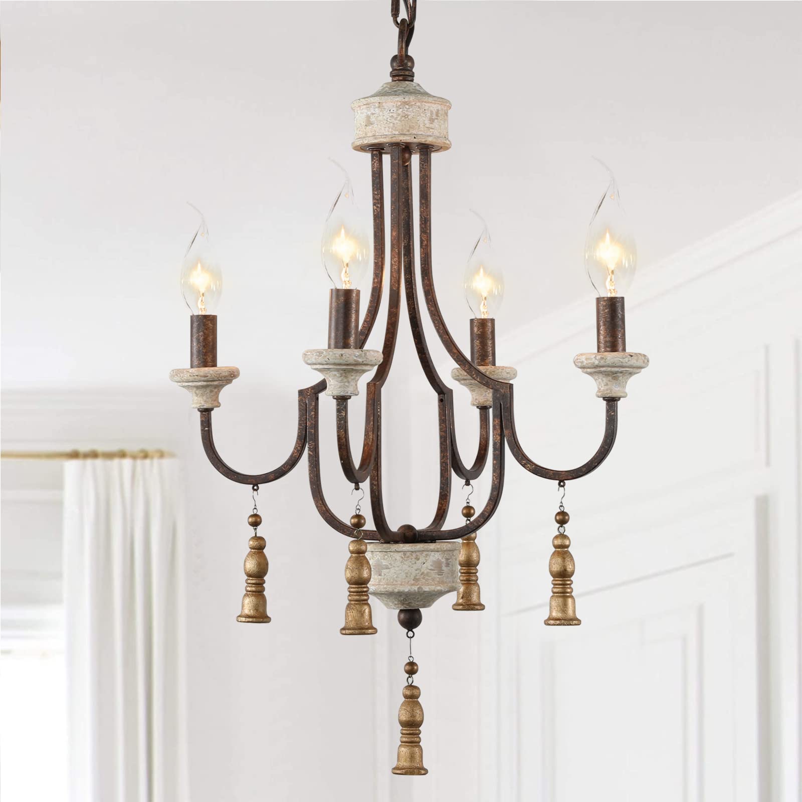 2024 New French Country Chandeliers for Dining Room, Handmade Grey Wood 4-Light Rustic Farmhouse Coastal Distressed Pendant Light for Kitchen Foyer Entryway Bedroom, with 4 Gold Wooden Pendants