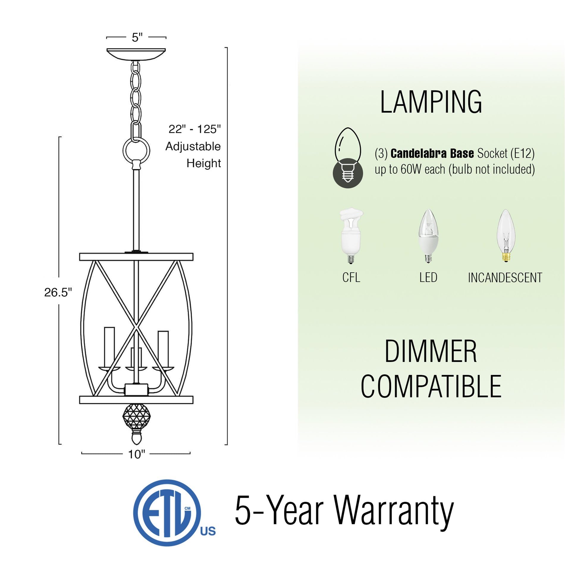 Eleanor 27" Traditional 3-Light Chandelier, Cylinder Foyer Pendant Light, Adjustable Height, Antique White Finish