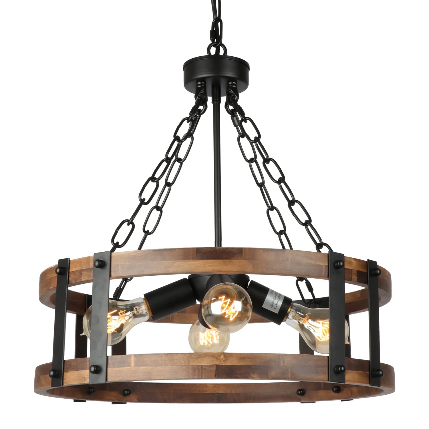 Farmhouse Rustic Wood Chandelier, 4-Light Industrial Drum Chandelier for Dining Room Vintage Pendant Hanging Light Fixture with Black Metal Accent for Kitchen Living Room Dining Area