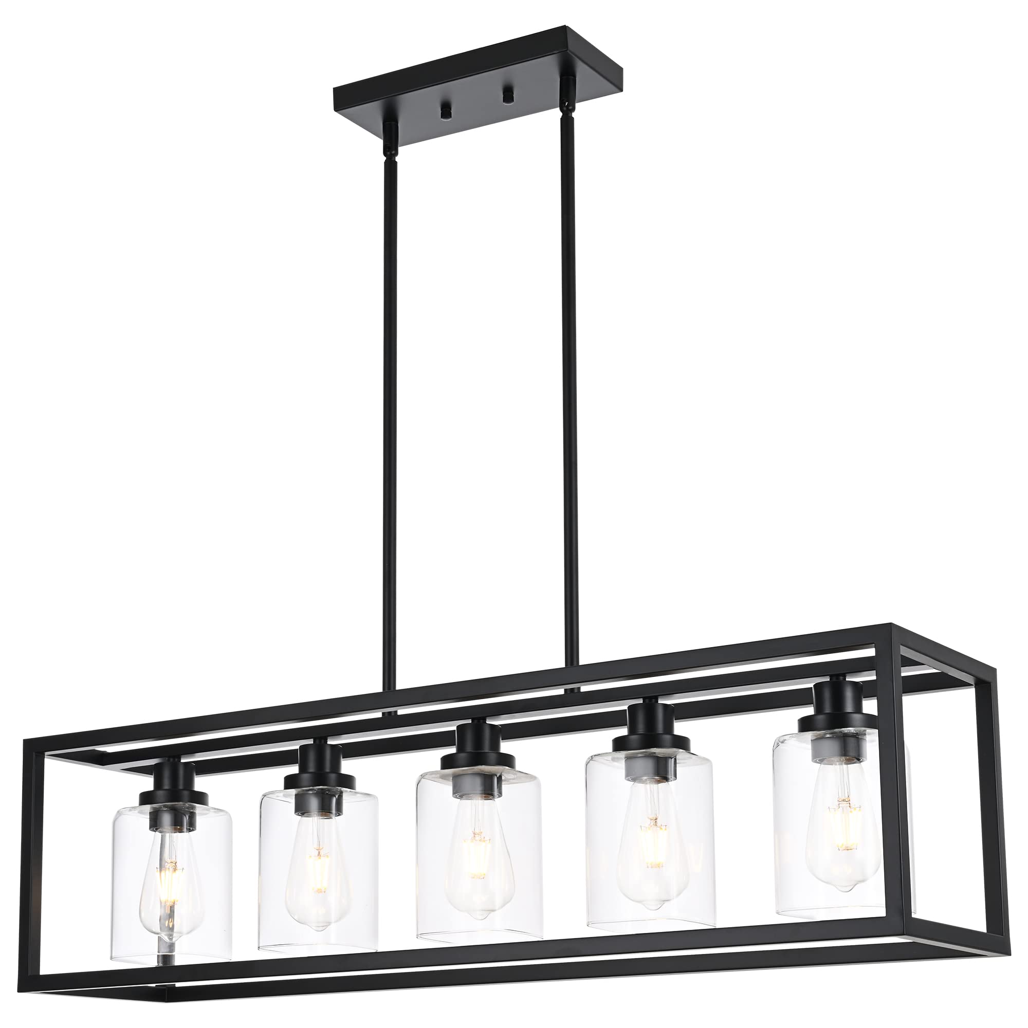 3 Light Kitchen Island Lighting Linear Chandelier Black Pendant Lighting with Rectangular Clear Glass Shade for Dining Room Bar Kitchen Pool Table, Adjustable Height