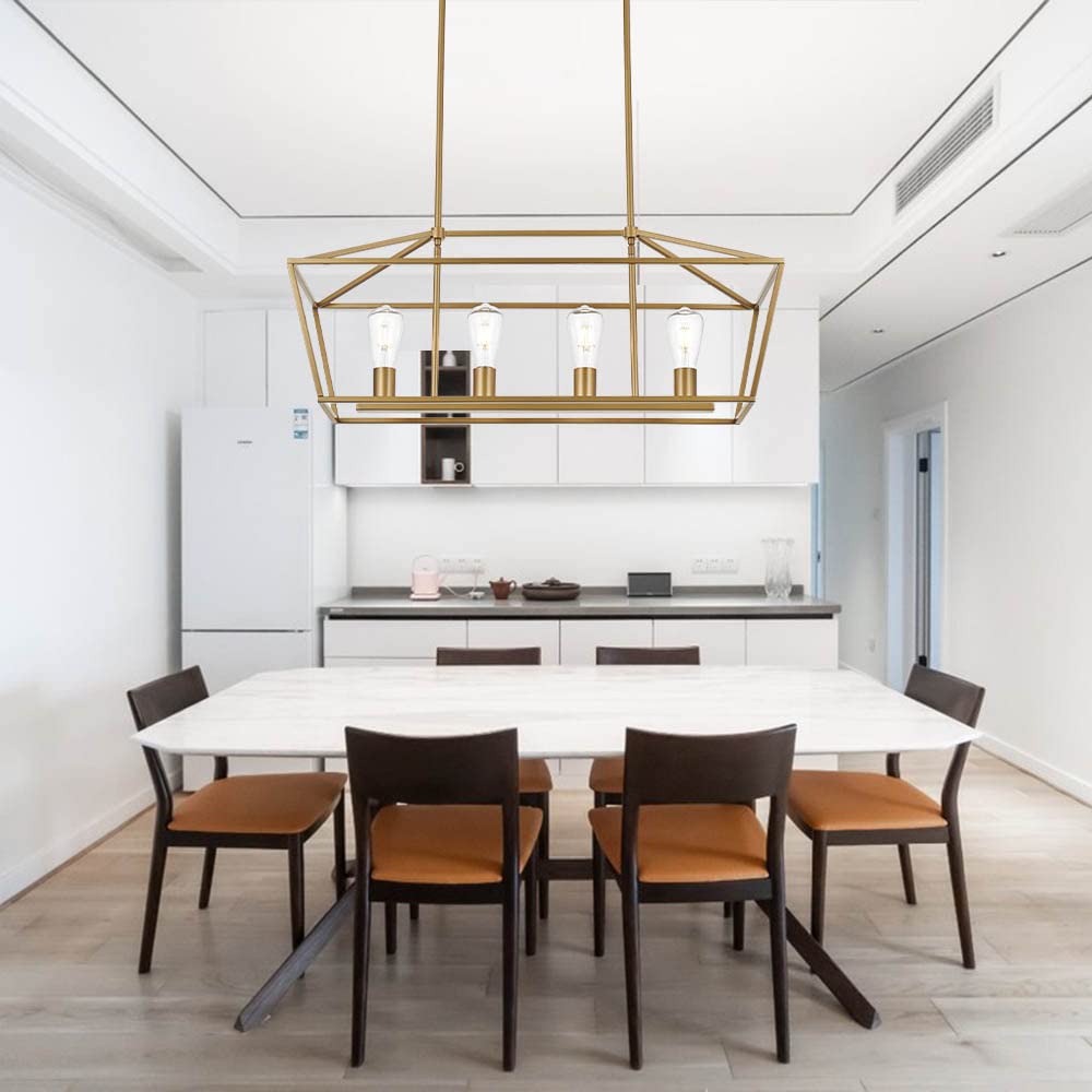 Modern 4 Light Farmhouse Chandelier Gold Linear Kitchen Island Pendant Light Traditional Rectangular Dining Room Lighting Fixture Hanging Metal Cage Pendant Lamp for Hallway Foyer