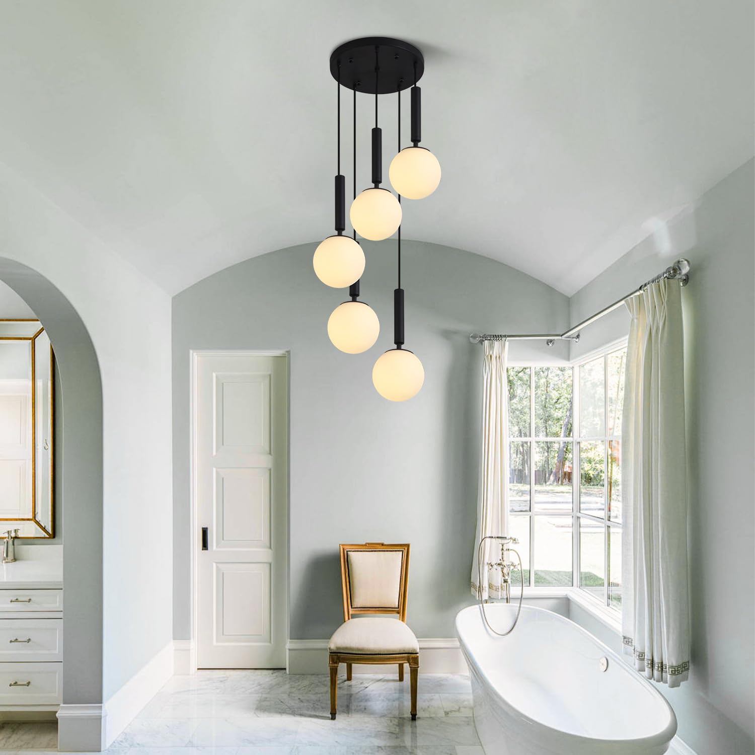 KCO Lighting 3 Light Globe Cluster Pendant Light Modern Large Milk Glass Chandelier Mid Century Black Cluster Chandelier Pendant Lighting Vintage Multi Light Hanging Ceiling Fixture