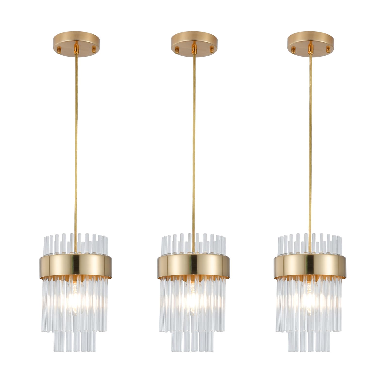 Pendant Lights Kitchen Island Gold 3 Pack,Crystal Pendant Light Fixtures Over Table, Mini Brass Dining Room 1-Light Chandelier,Modern Adjustable Cord Hanging Lamp for Bedroom,Sink