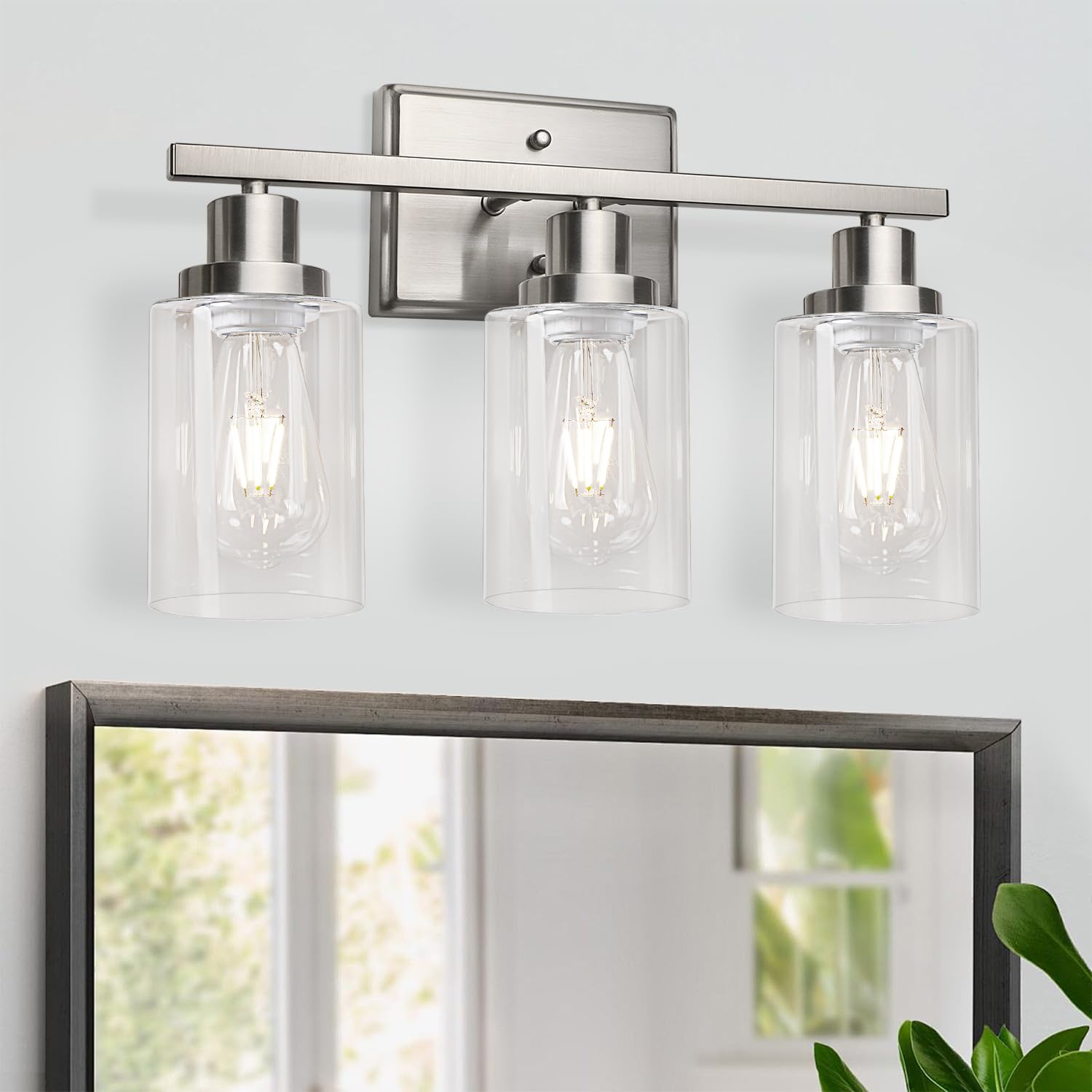 Ascher Bathroom Vanity Light Fixtures, 3 Light Wall Sconces Lighting with Clear Glass Shade, Brushed Nickel Wall Lights for Mirror, Kitchen, Living Room, Gallery, E26 Base (Bulbs Not Included)