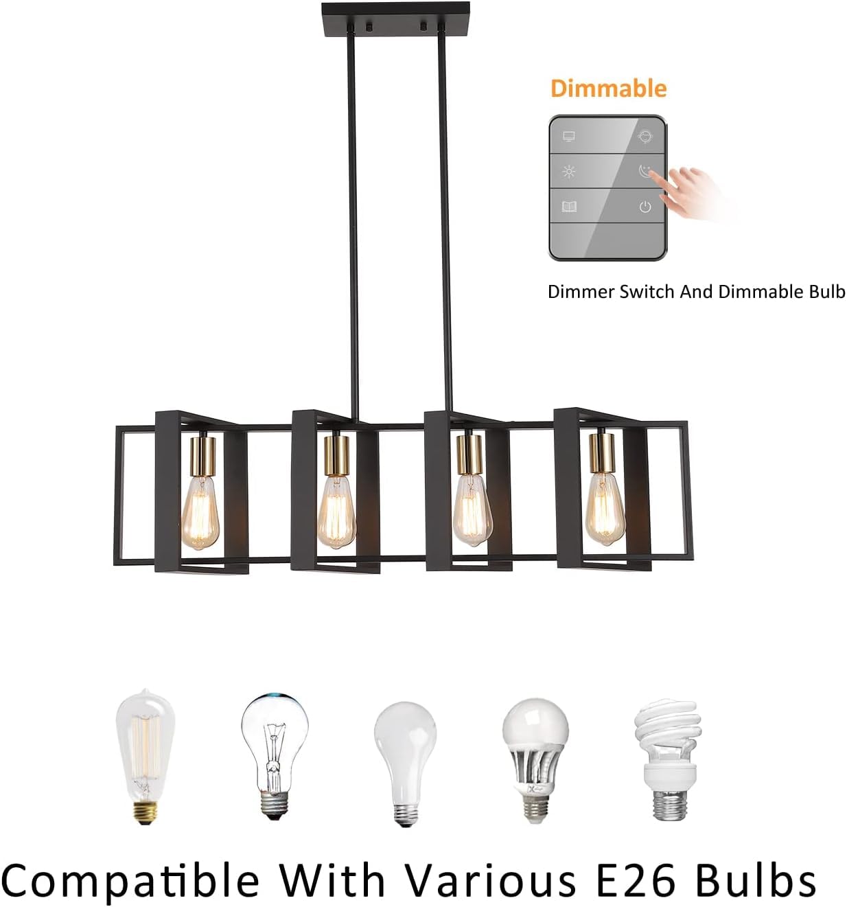 9MMML 3 Lights Kitchen Island Lighting, Modern Rectangle Linear Pendant Light, Black Frame+ Gold Socket Chandelier for Dining &Living Room Foyer Entryway Hallway,E26,Height Adjustable.