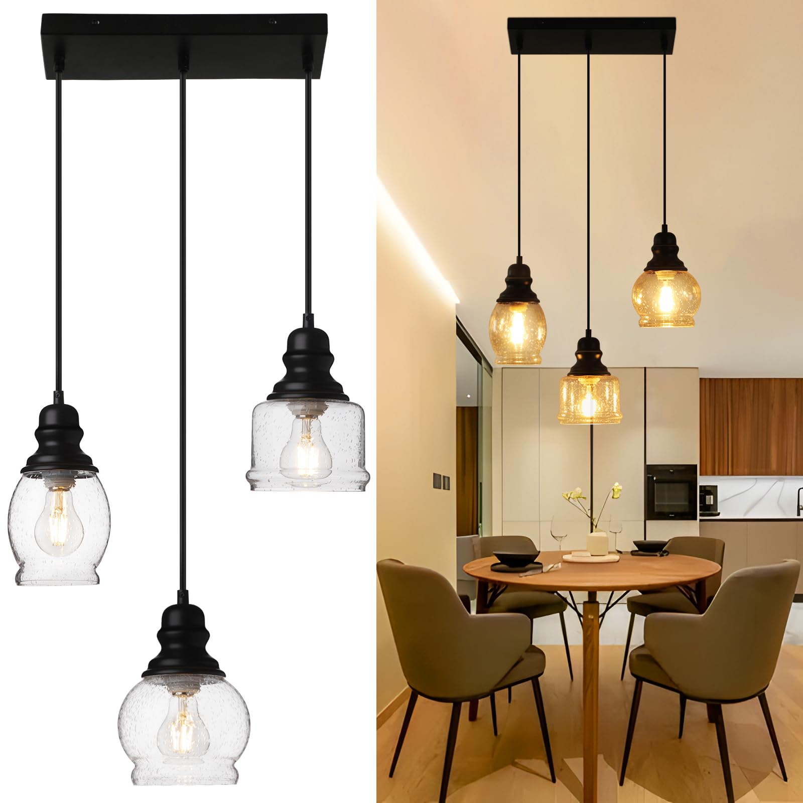 WILON Industrial Pendant Lighting, Pendant Lights for Kitchen Island 3 Light Glass Pendant Light Fixture with Seeded Glass Shade, Adjustable Cord Farmhouse Ceiling Light Black finish Linear Chandelier