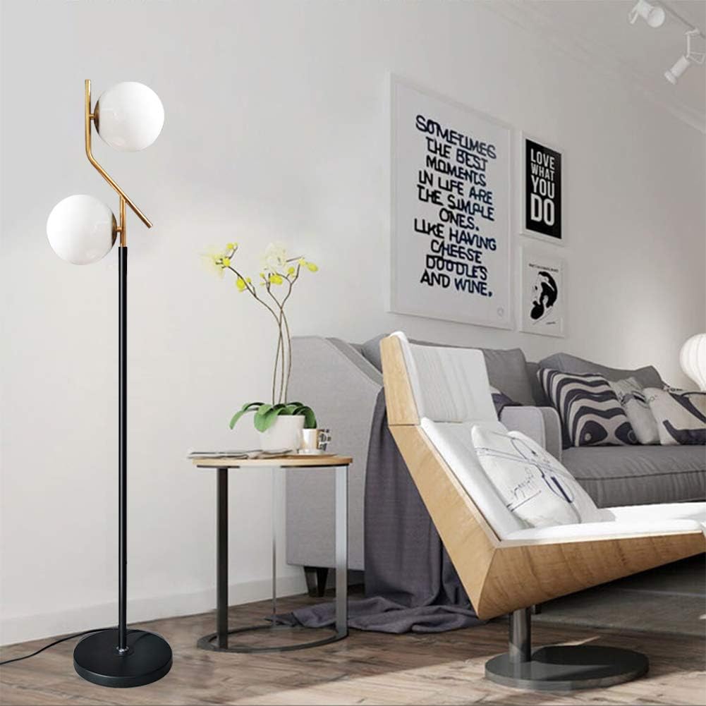 Lighting KU300208 Modern Style Two Milky White Glass Orbs and Brass Finish Floor Lamp for Living Room,Bedroom,Office,Hotel,Light Pole and Base Black Finish