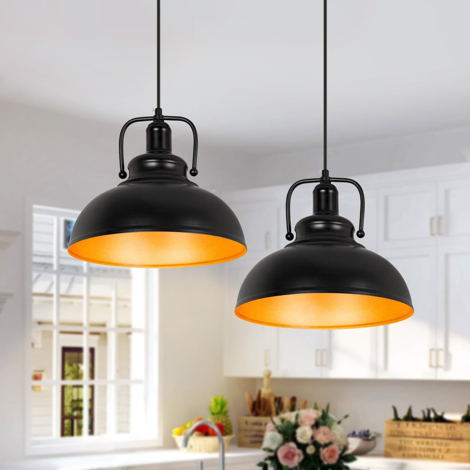 Industrial Pendant Light Fixture, Farmhouse Decor Adjustable Metal Hanging Lamp, Vintage Pendant Lighting for Kitchen Restaurant Dining Room Cafe Sink, E26 Base, Black(2 Packs)