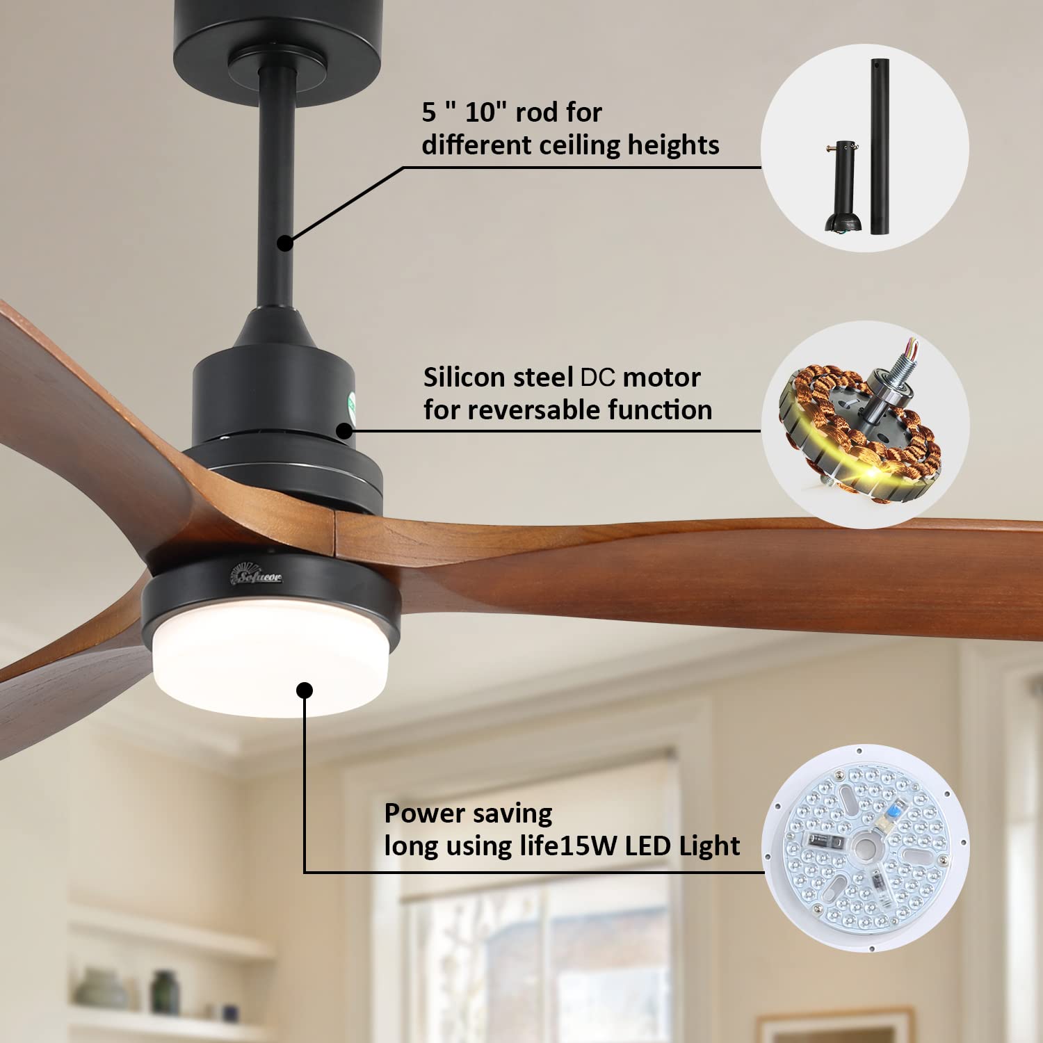 Low Profile Ceiling Fan With Lights Remote Control 52 Inch Flush Mount Ceiling Fan Modern Wood Blade Fan For Bedroom Living Room Indoor Outdoor Farmhouse Patio, Noiseless DC Motor