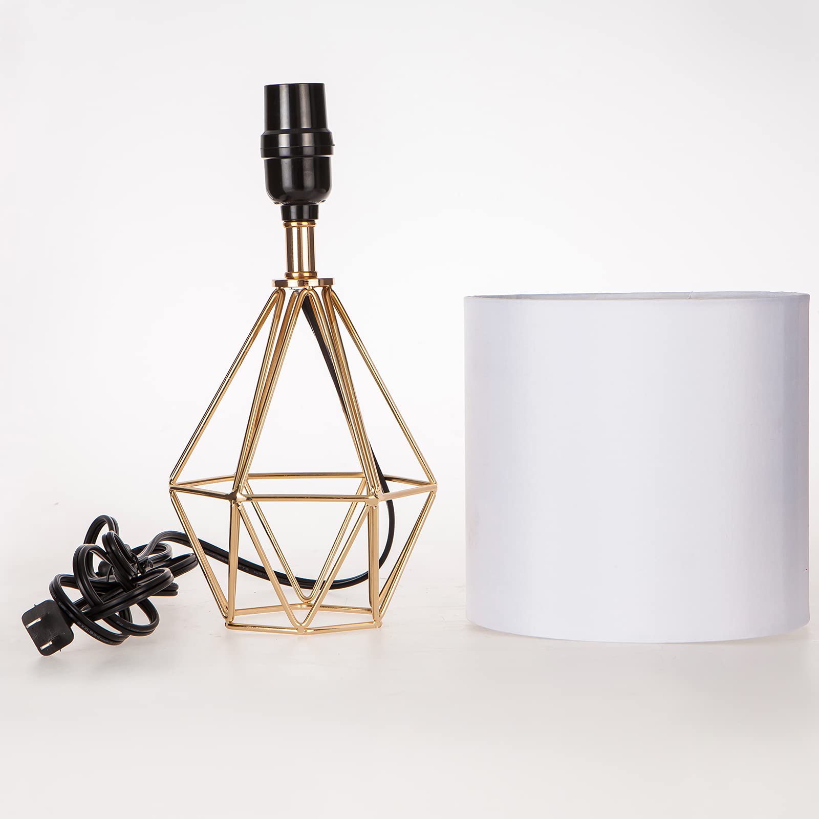 Gold Modern Hollow Out Base Bedroom Small Table Lamp,Bedside Nightstand Lamp with Geometric Metal Base White Fabric Shade,Cute Desk Lamp for Kids Living Room