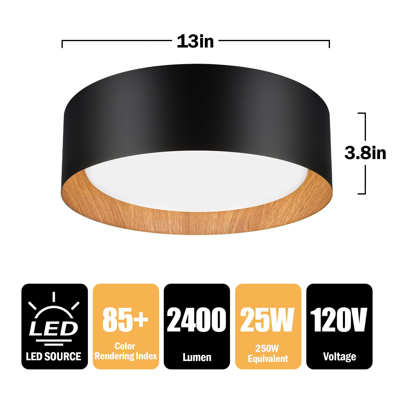 Flush Mount Ceiling Light, 13in 25W(250W Equiv) 2400LM, LED Ceiling Light Fixture 3 Colors 3000K 4000K 5000K, Dimmable Black and Gold Modern Flush Mount Light for Bedroom Bathroom Hallway Kitchen