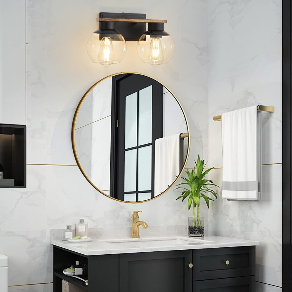 2 Light Black and Gold Vanity Lights for Bathroom Light Fixtures Over Mirror 13.7 in Clear Glass Shade Industrial Wall Sconce