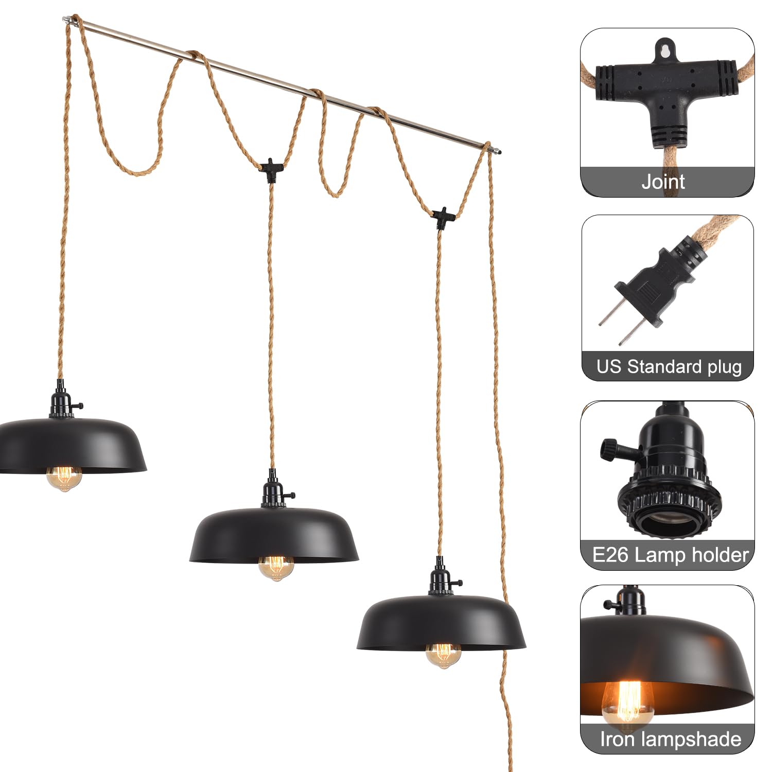 Triple Pendant Light with Plug in Pendant Light,22FT Industrial Hanging Lamp with Twisted Hemp Rope Independent Triple Switch Hanging Light Chandelier,Black Finish