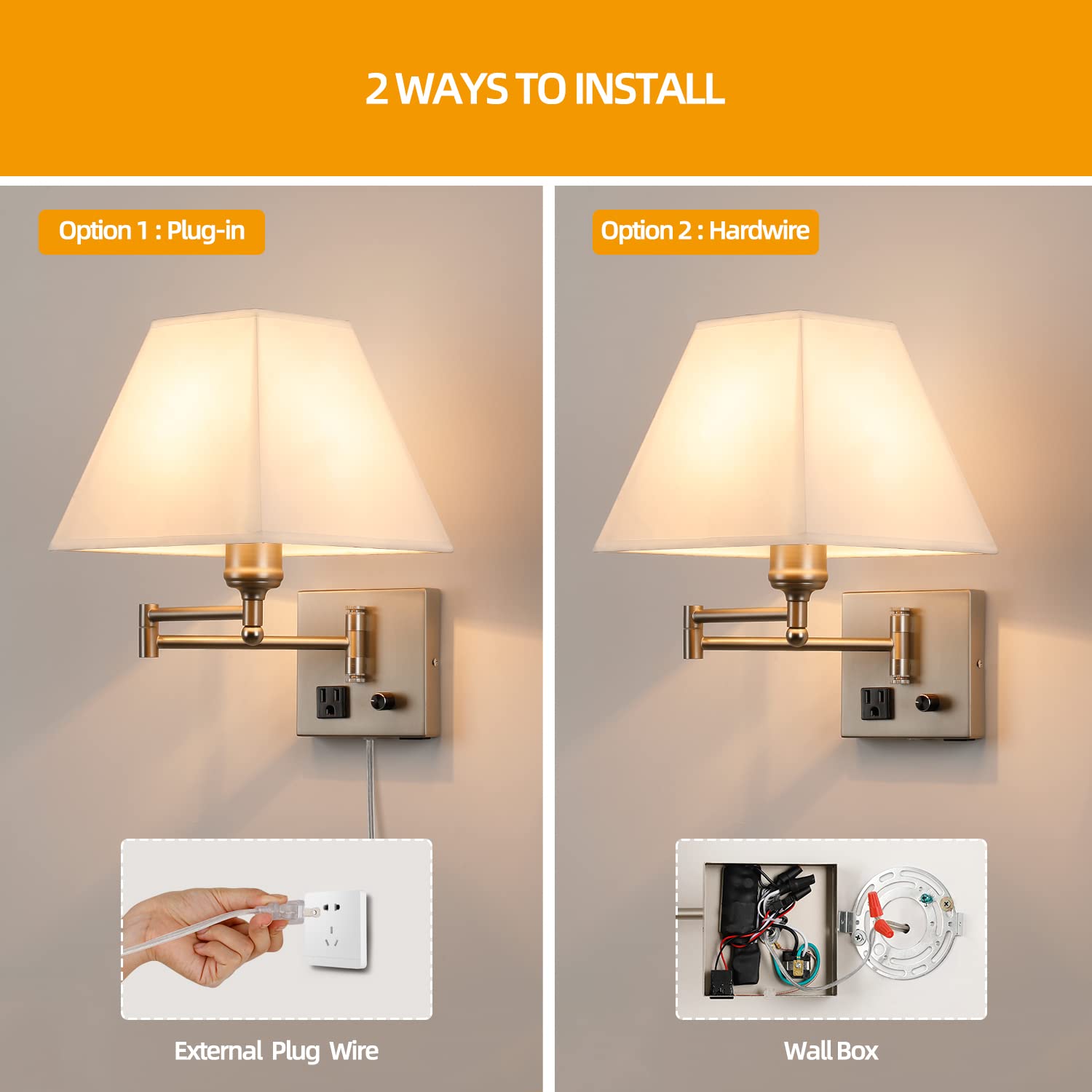 Plug in Wall Light,Swing Arm Wall Sconces with USB Port and Outlet,Wall Lamp with White Fabric Shade Dimmable Switch for Bedroom, Living Room , Office Nickel