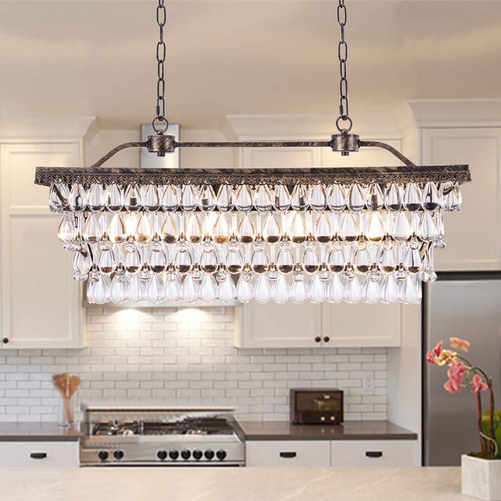 Dining Room Crystal Chandelier,30 inch Antique Bronze Rectangle Crystal Ceiling Light,4 Lights Farmhouse Kitchen Island Lighting,Adjustable Hanging Light Fixtures