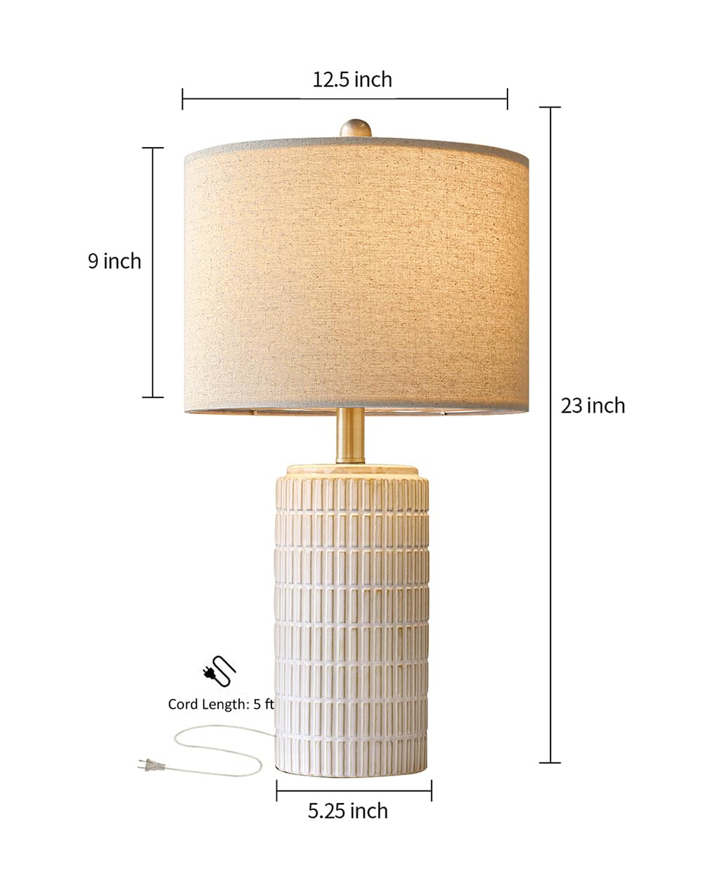 23'' Bedside Table Lamp for Bedroom Nightstand - Ceramic Lamp for Living Room, White Night Stand Light Lamp with Round Linen Shade, Modern Bedroom Lamp Beige