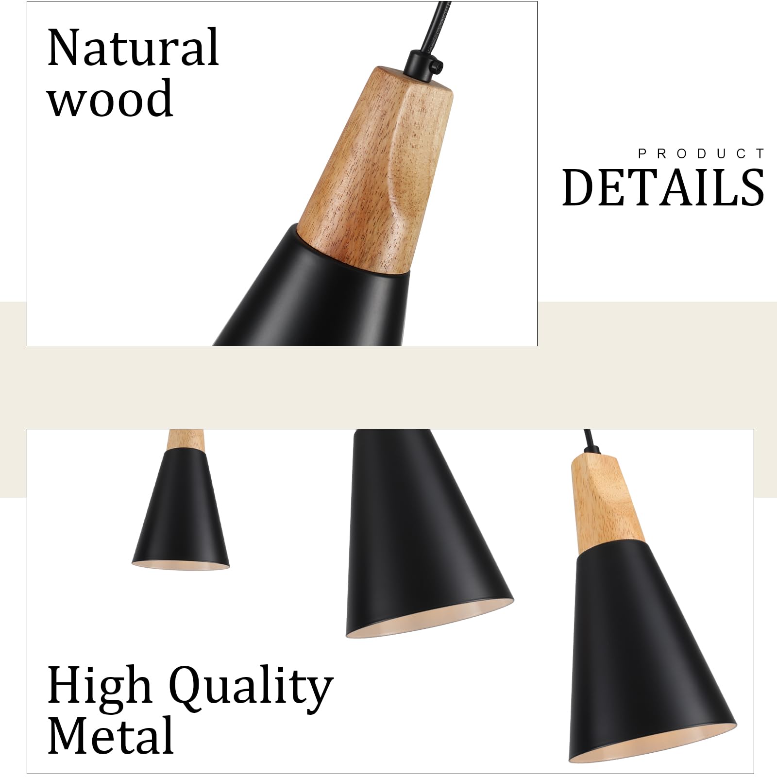 Black Wood Pendant Light Kitchen Island 3 Light, Black Cone Modern Farmhouse Kitchen Pendant Hanging Lighting for Dining Room, Restaurant, Bar, Kitchen Sink, Hallway