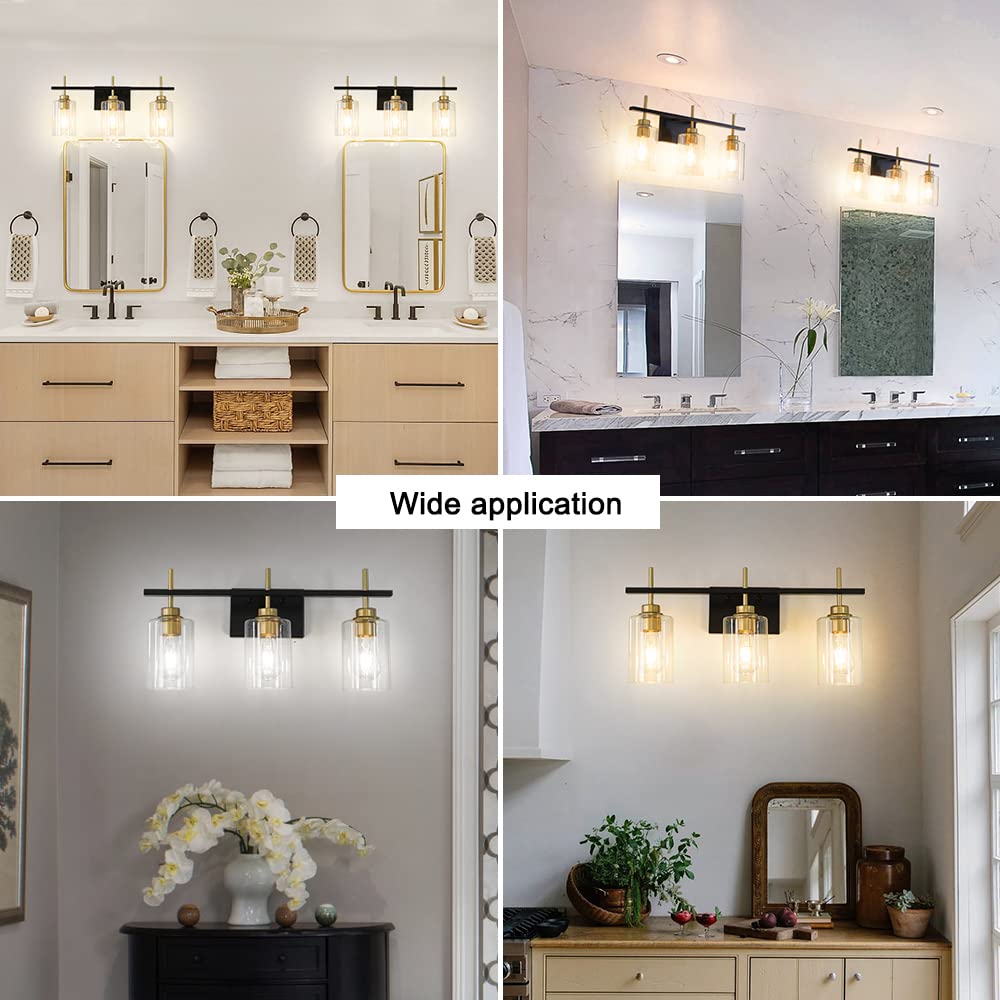 Black and Gold Wall Sconces Set of Two, Bathroom Sconce Wall Lighting Set of 2,Modern Glass Bathroom Wall Light, Wall Mounted Light for Bedroom Living Room Hallway