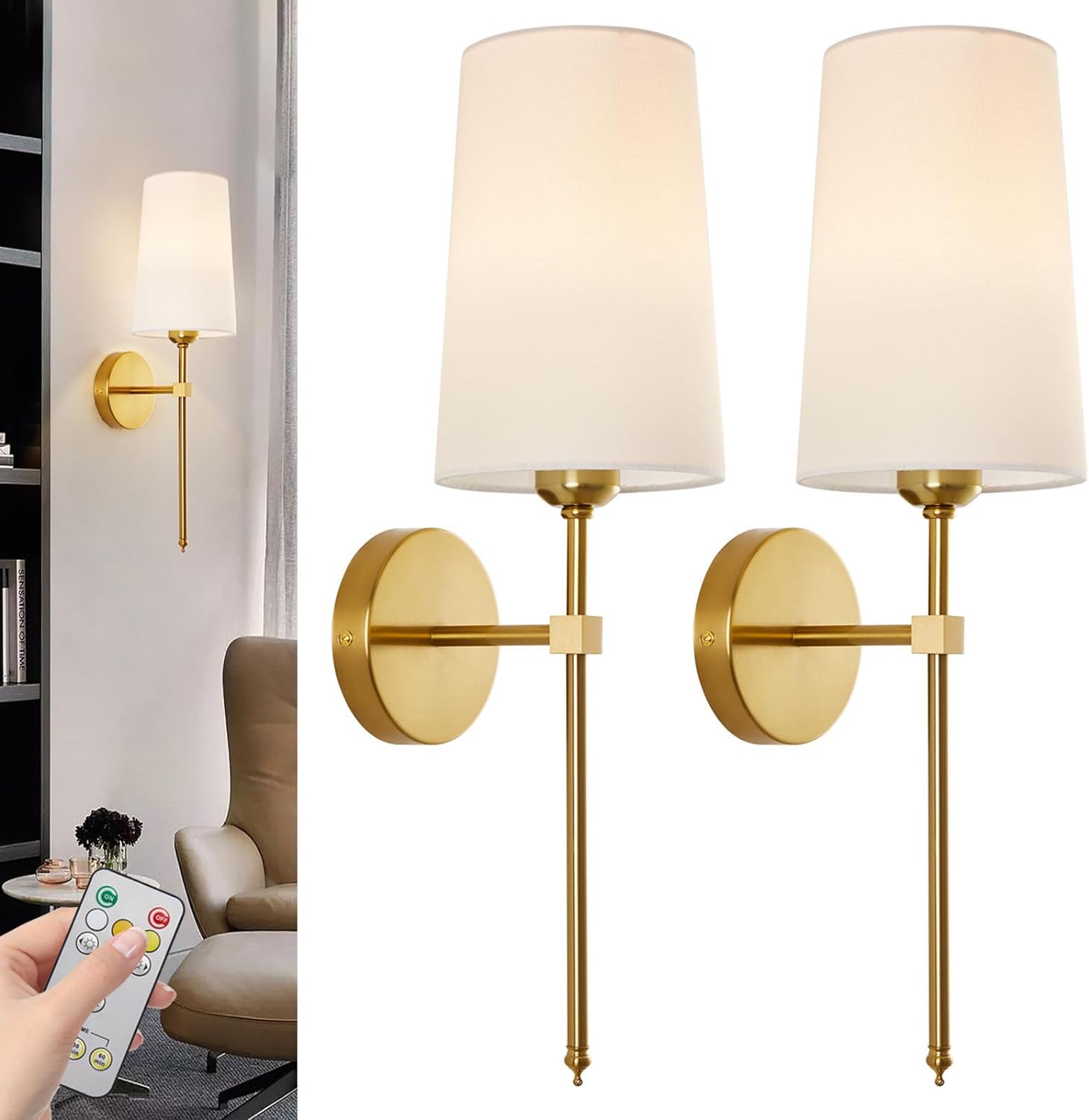 Battery Operated Wall Sconces, Wall Sconces Sets of 2, Rechargeable Wall Lights, with Remote Control Dimmable Detachable Bulb, Suitable for Bedroom Living Room Corridor Kitchen