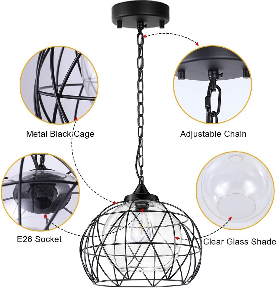 1-Light Hanging Lights,14.5 Inch Outdoor Chandelier Black Cage Pendant Lighting with Glass Shades, Porch Gazebo Barn Light Fixture Perfect for Dining Room, Bar, Aisle, Hallway, Entryway, Foyer