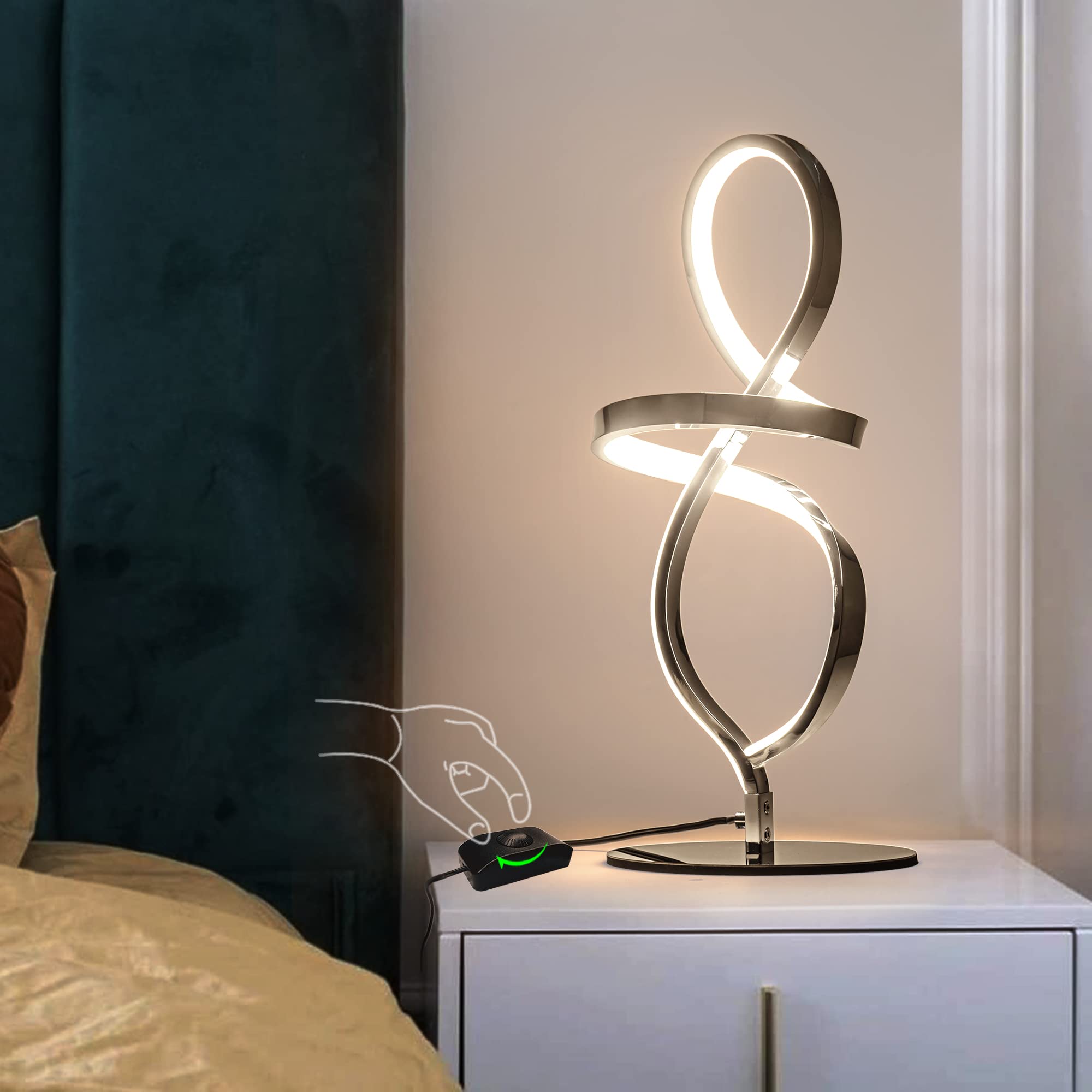 Modern Table Lamp, LED Spiral Lamp, Black Bedside Lamp with Stepless Dimming Switch, Contemporary Nightstand Lamp, LED Lamp for Bedroom Living Room Home Office, 12W, 3200K Warm White