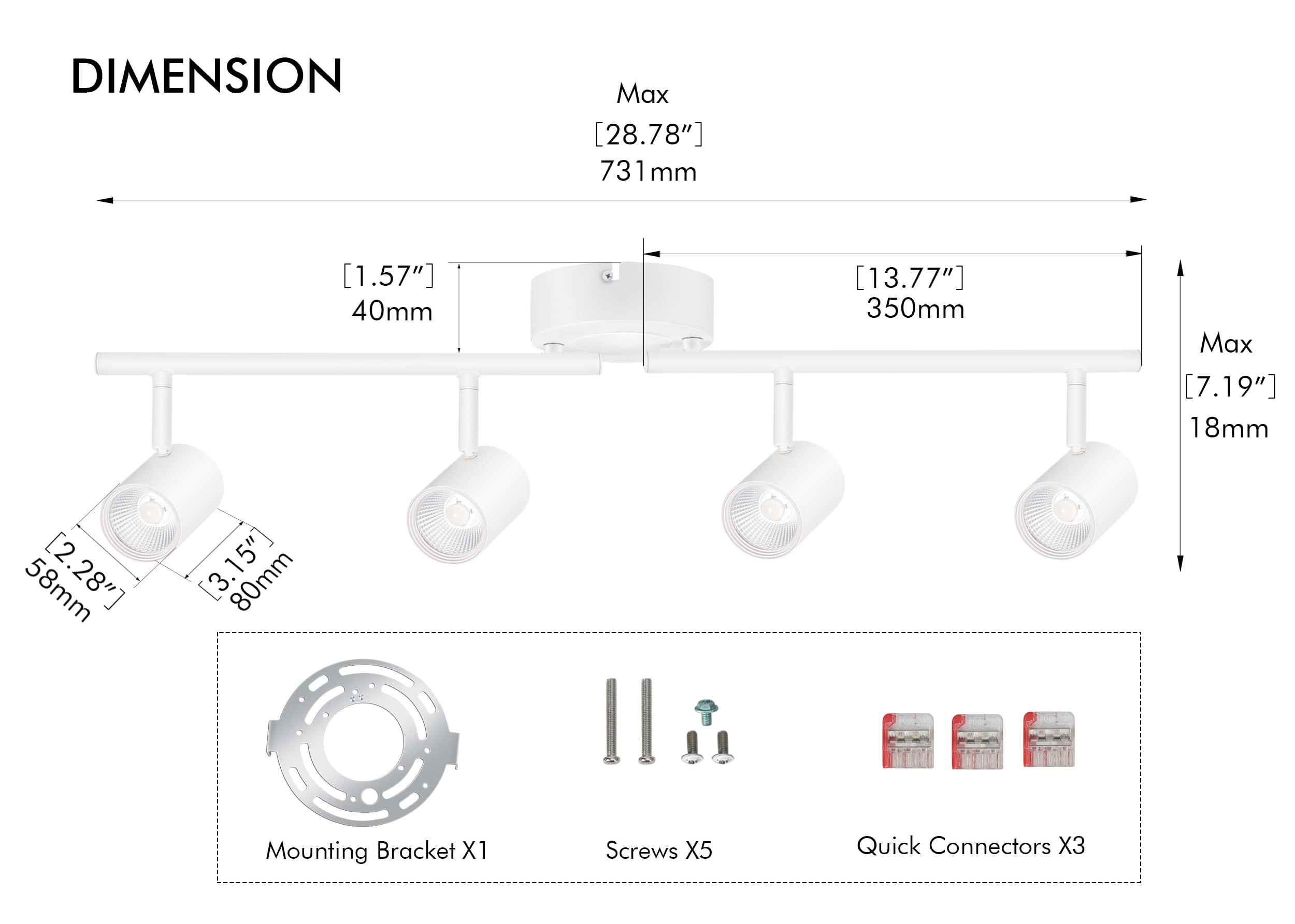 40W 6-Head LED Dimmable Track Light Kit,3000K/4000K/5000K Selectable 3000lm CRI90,Flexibly Rotatable Light Head for Accent Decorative Lighting,White