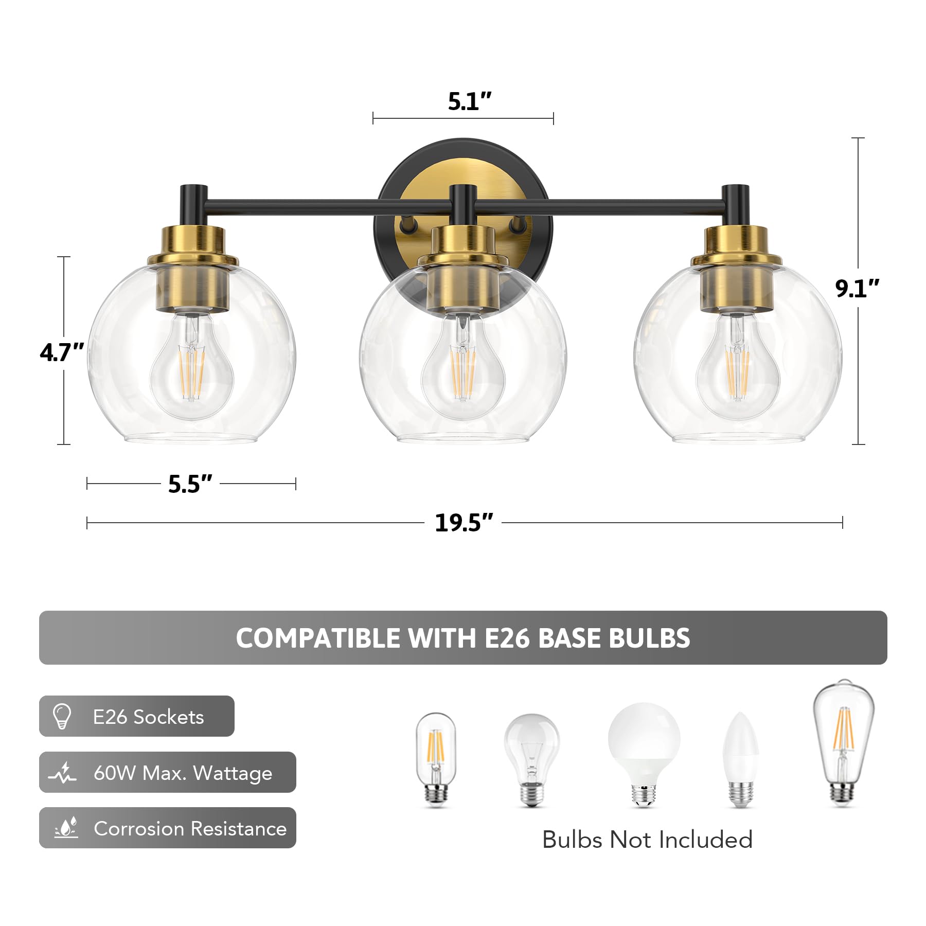 Bathroom Light Fixtures, 2-Light Bathroom Vanity Light with Globe Glass Shades E26 Sockets, Bathroom Lights Over Mirror for Bedroom Hallway Living Room, Gold Finish