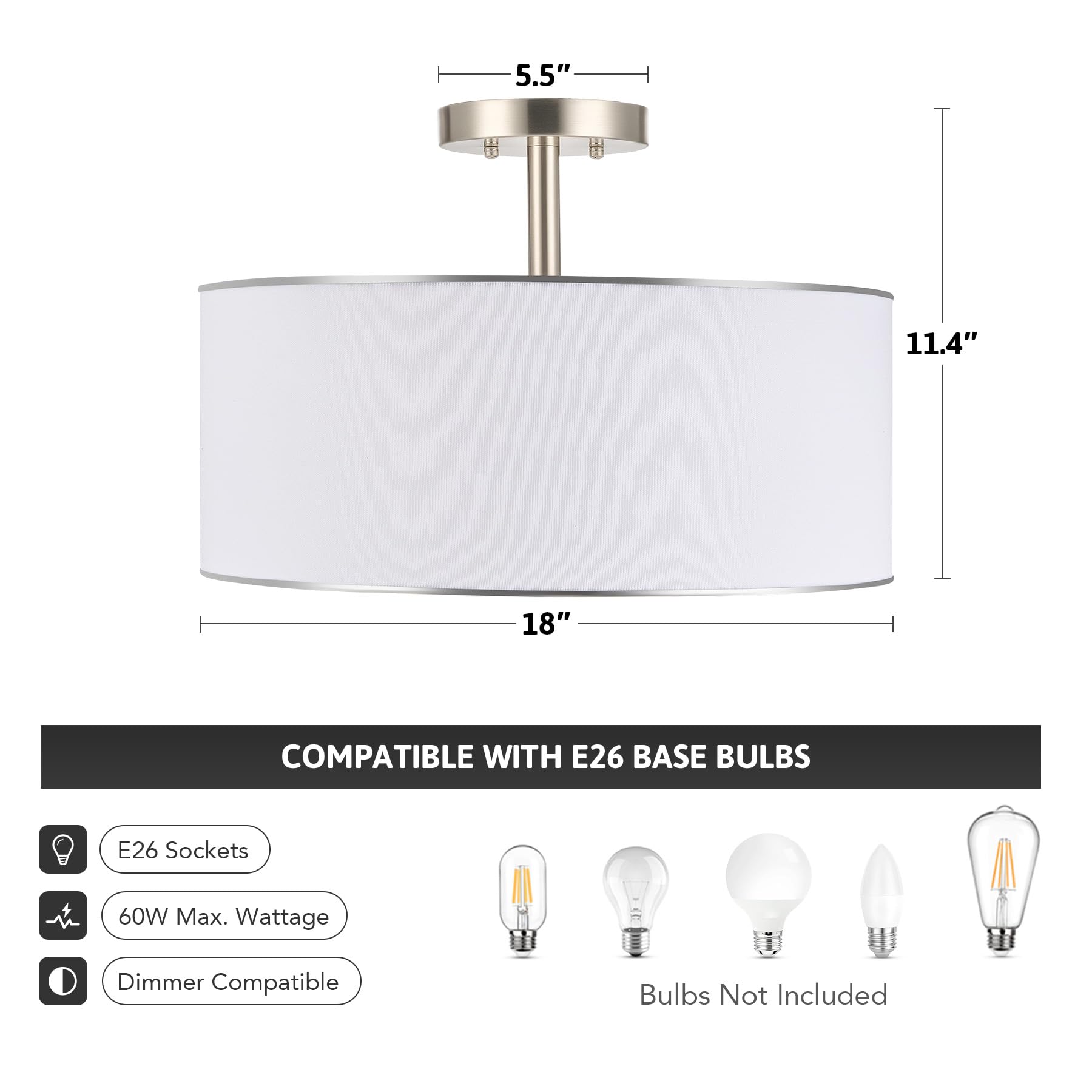 Semi Flush Mount Ceiling Light, 13'' Drum Ceiling Light Fixture with 2 Light, Modern Close to Ceiling Light Fixture for Bedroom Living Room Hallway Kitchen, Bronze Finish