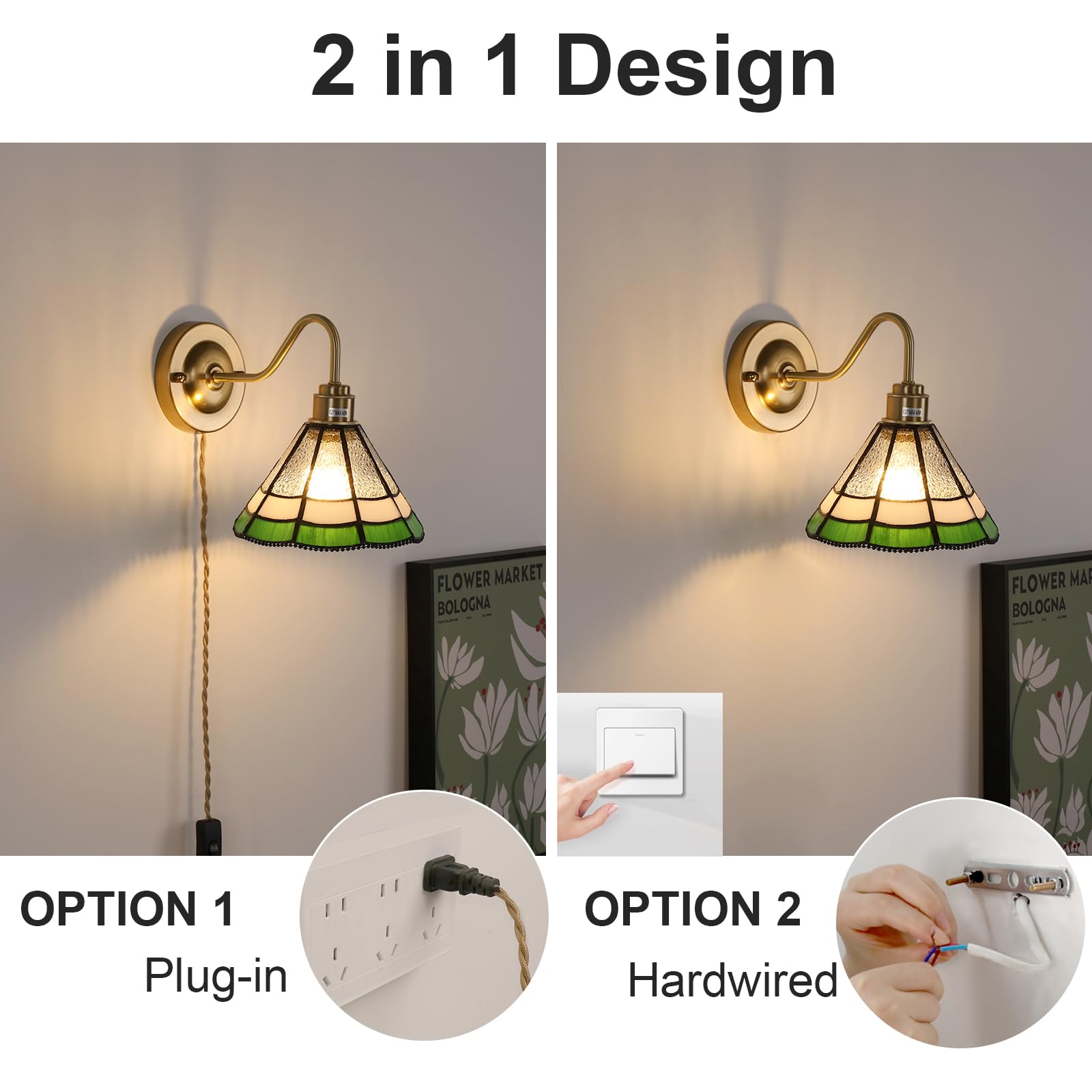 Wall Sconce, Wall Mounted Lamps with Green Checker Sconce, Stained Glass Shade Brass Wall Lights Fixture with Plug in Cord and Switch for Bedroom Bathroom Living Room Hallway