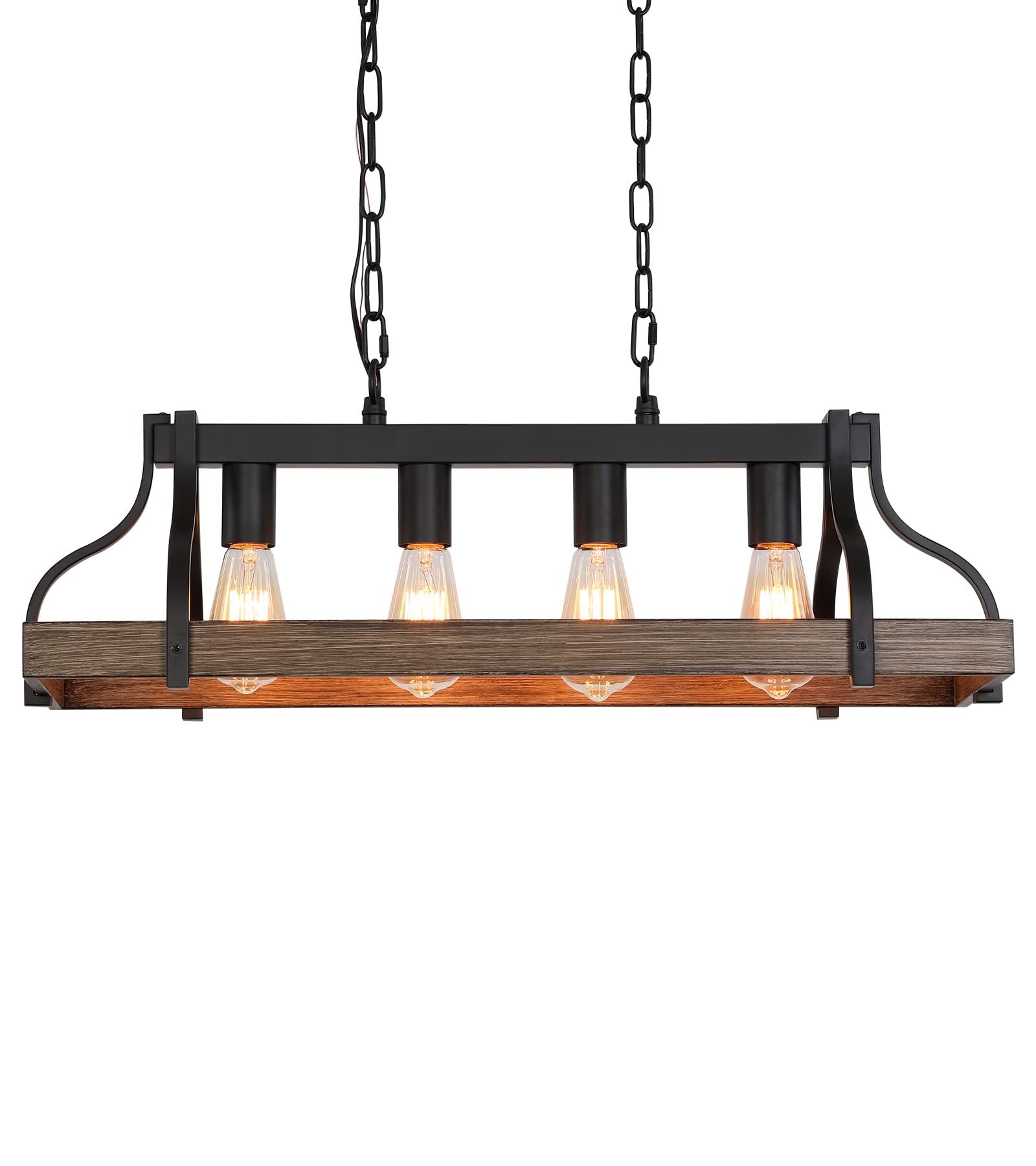 Rustic Kitchen Island Dining Room Light Fixture Farmhouse Linear Chandelier Black and Retro Wood Finish 5-Light Industrial Metal Hanging Pendant Light UL Listed L33.5 W10.6