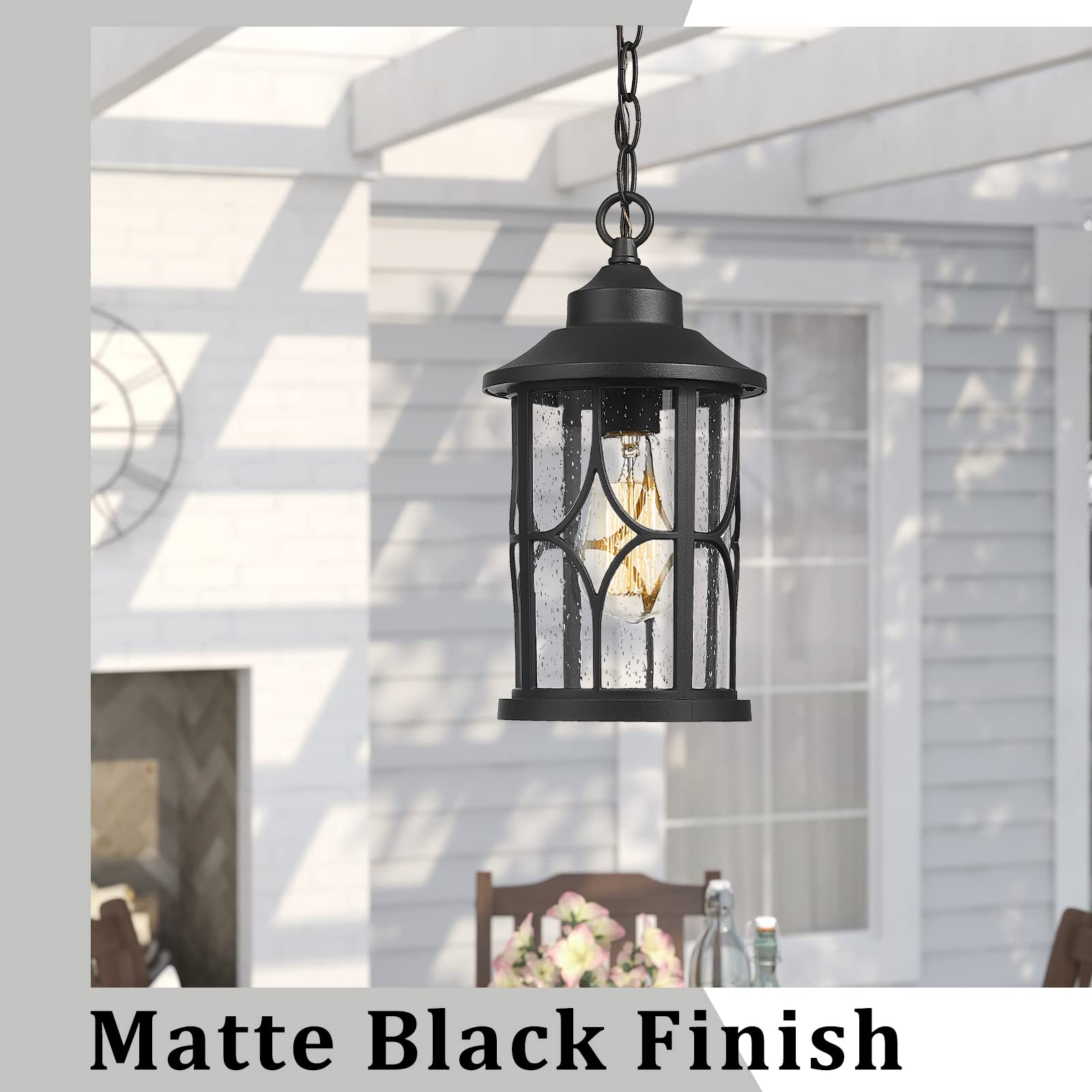 Outdoor Pendant Light for Porch - 12 Inch Farmhouse Exterior Hanging Lantern with Seeded Glass, Black Finish, ZX48H BK