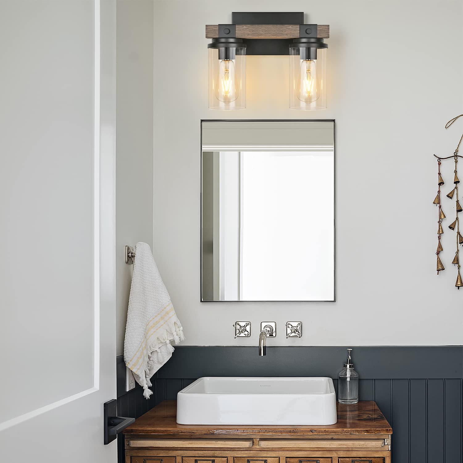 Farmhouse Bathroom Light Fixture Wood Black Vanity Lighting 2-Light Wooden Wall Sconce Industrial Rustic Wall Light Fixtures Over Mirror with Clear Glass Shade for Bathroom Hallway Kitchen Bedroom