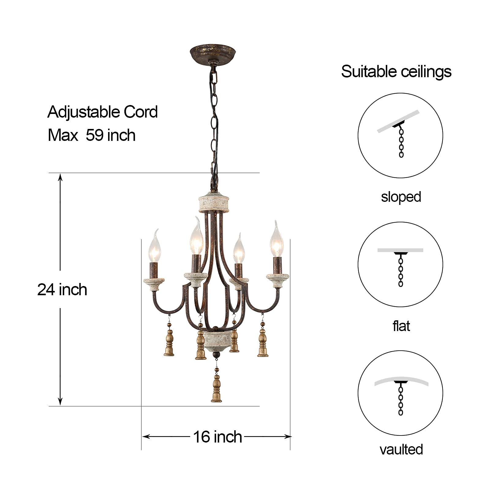 2024 New French Country Chandeliers for Dining Room, Handmade Grey Wood 4-Light Rustic Farmhouse Coastal Distressed Pendant Light for Kitchen Foyer Entryway Bedroom, with 4 Gold Wooden Pendants