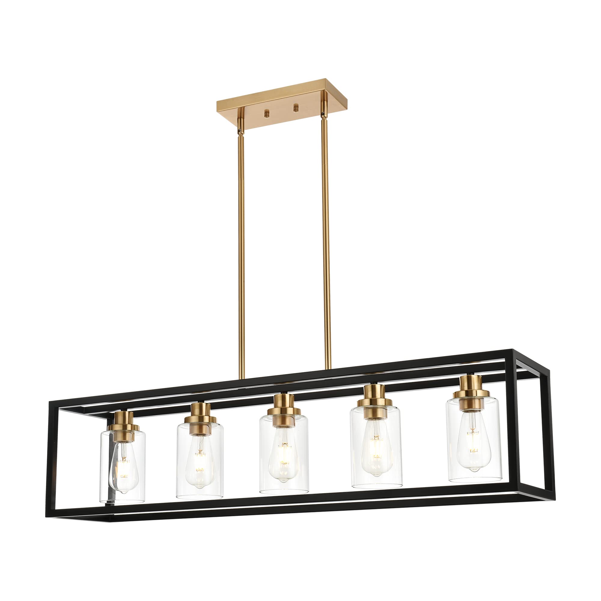 MELUCEE Black Chandeliers Rectangle 5 Lights Dining Room Lighting Fixtures Hanging Over Table, Kitchen Island Lighting Linear Pendant Light Ceiling with Clear Glass Shade and Brushed Brass Socket