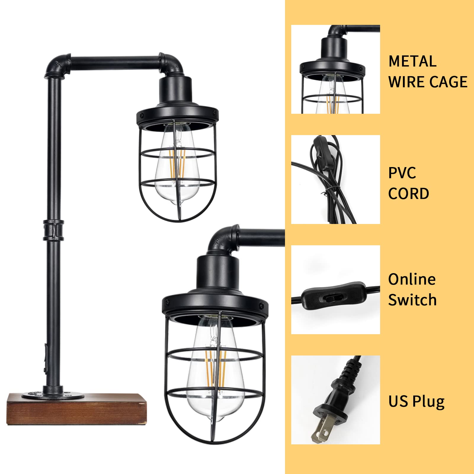 CONCA Industrial Steampunk Table Lamp, Edison Bulb, Metal, A-Black, 19.6x11.7x5.35 inches, 3 lbs, E26 Base, 800 Lumen, 120V